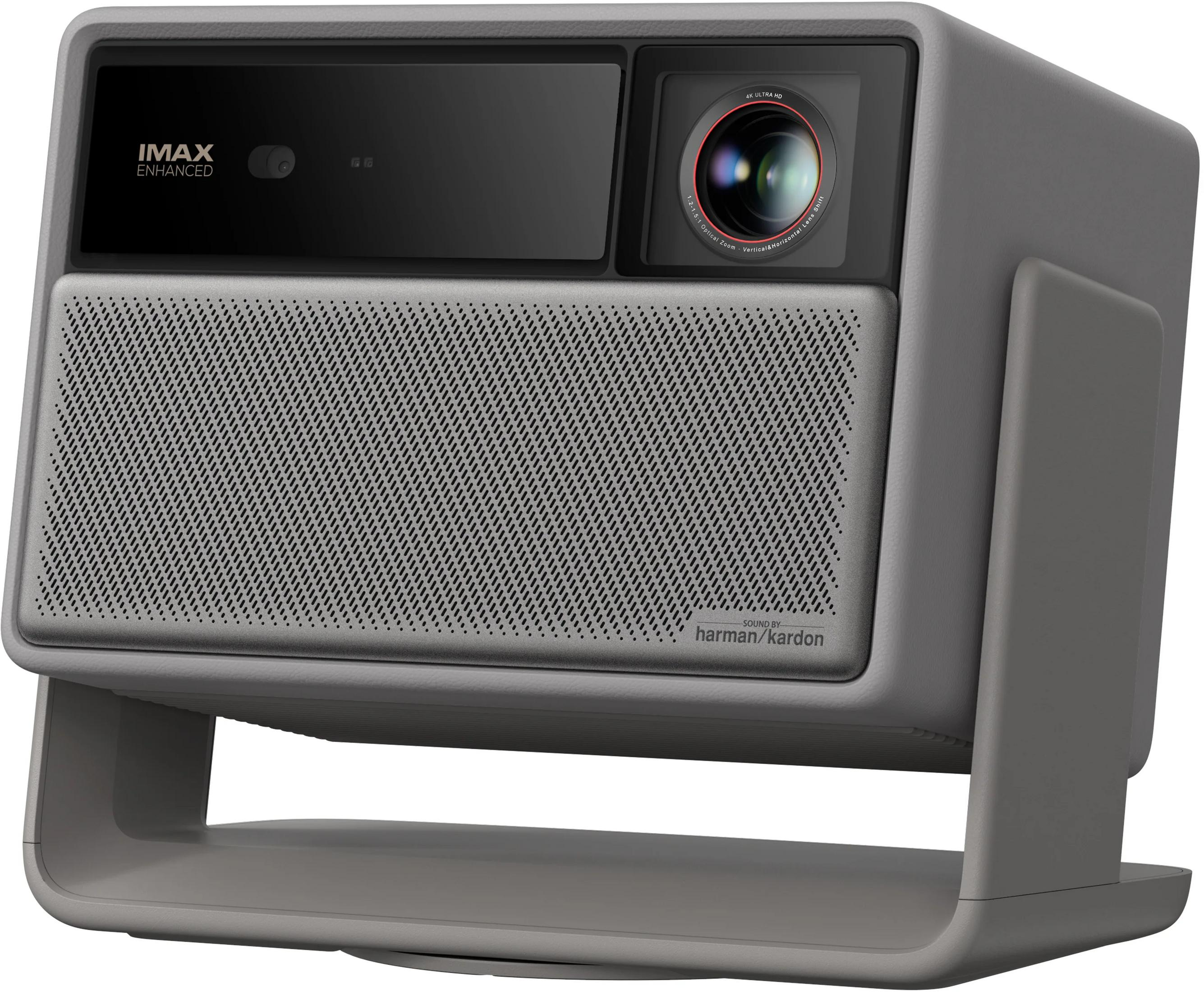 Gray projector with IMAX logo, 4K lens, and Harman Kardon branding.
