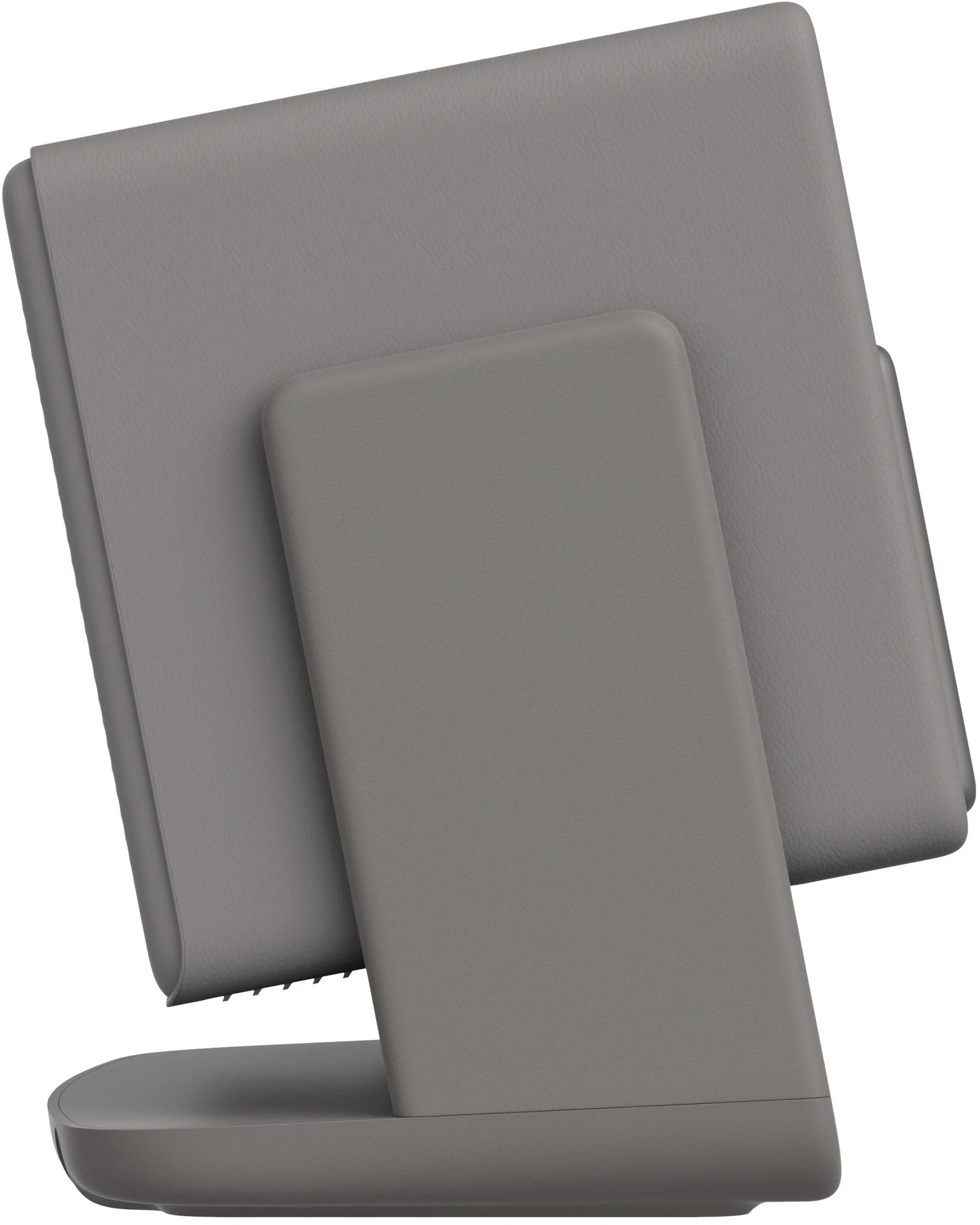 Gray electronic device on a stand, close-up view.