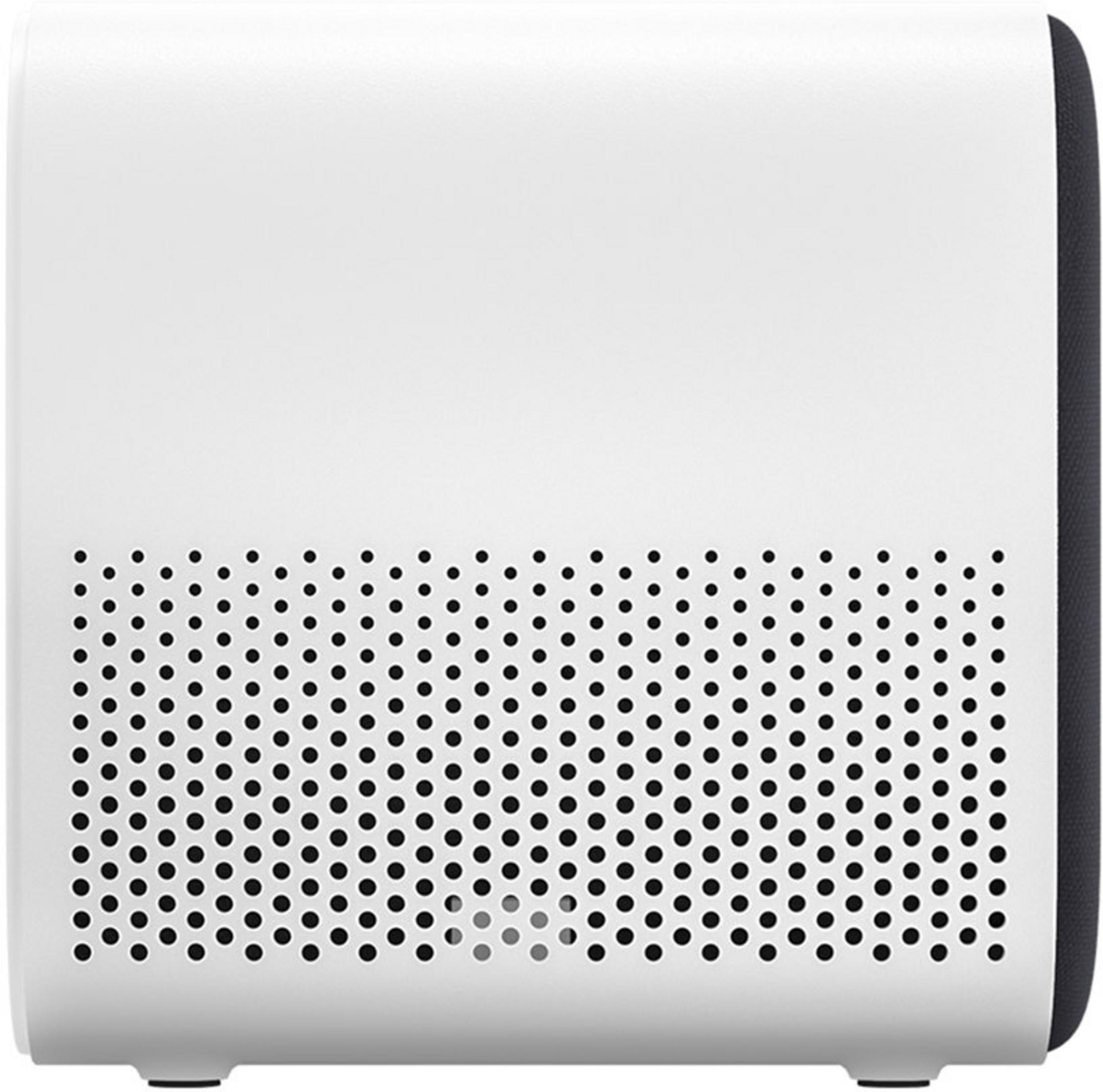 Un proyector blanco con rejilla de altavoz negra al frente.