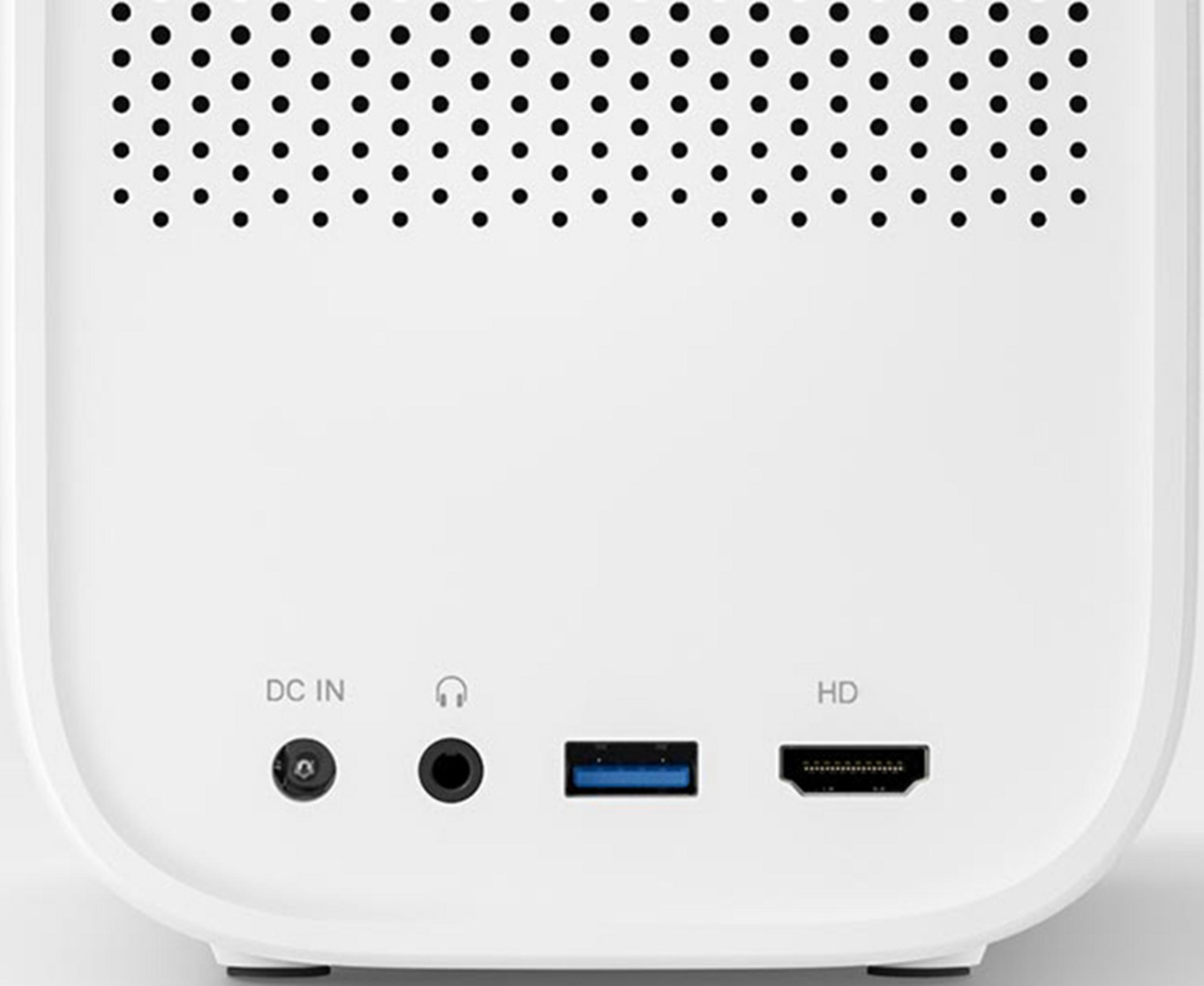 Parte trasera blanca de un dispositivo con rejilla de altavoz, entrada CC, conector de auriculares, USB y HDMI.
