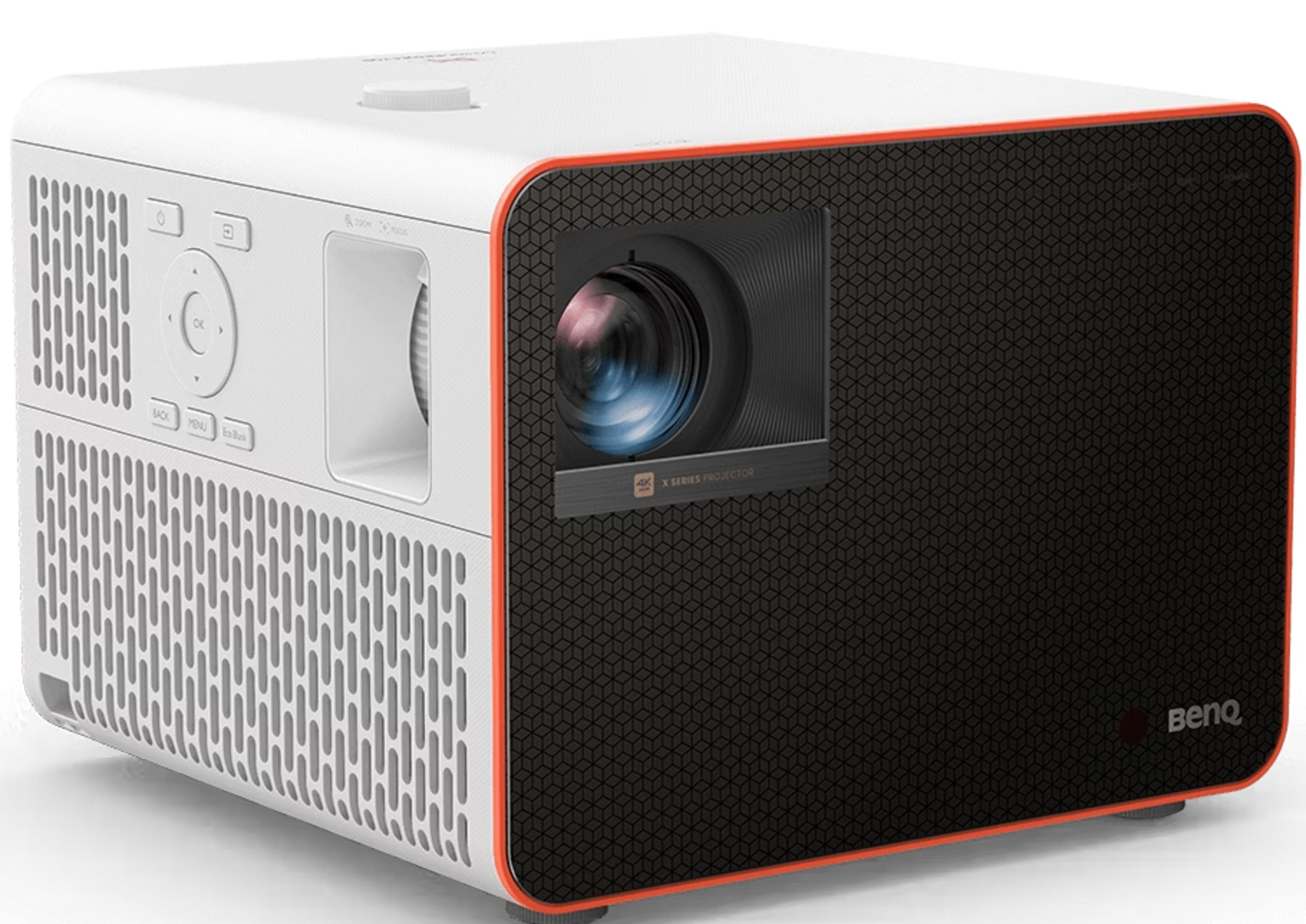 Biały projektor z pomarańczowym paskiem i czarnym frontem.