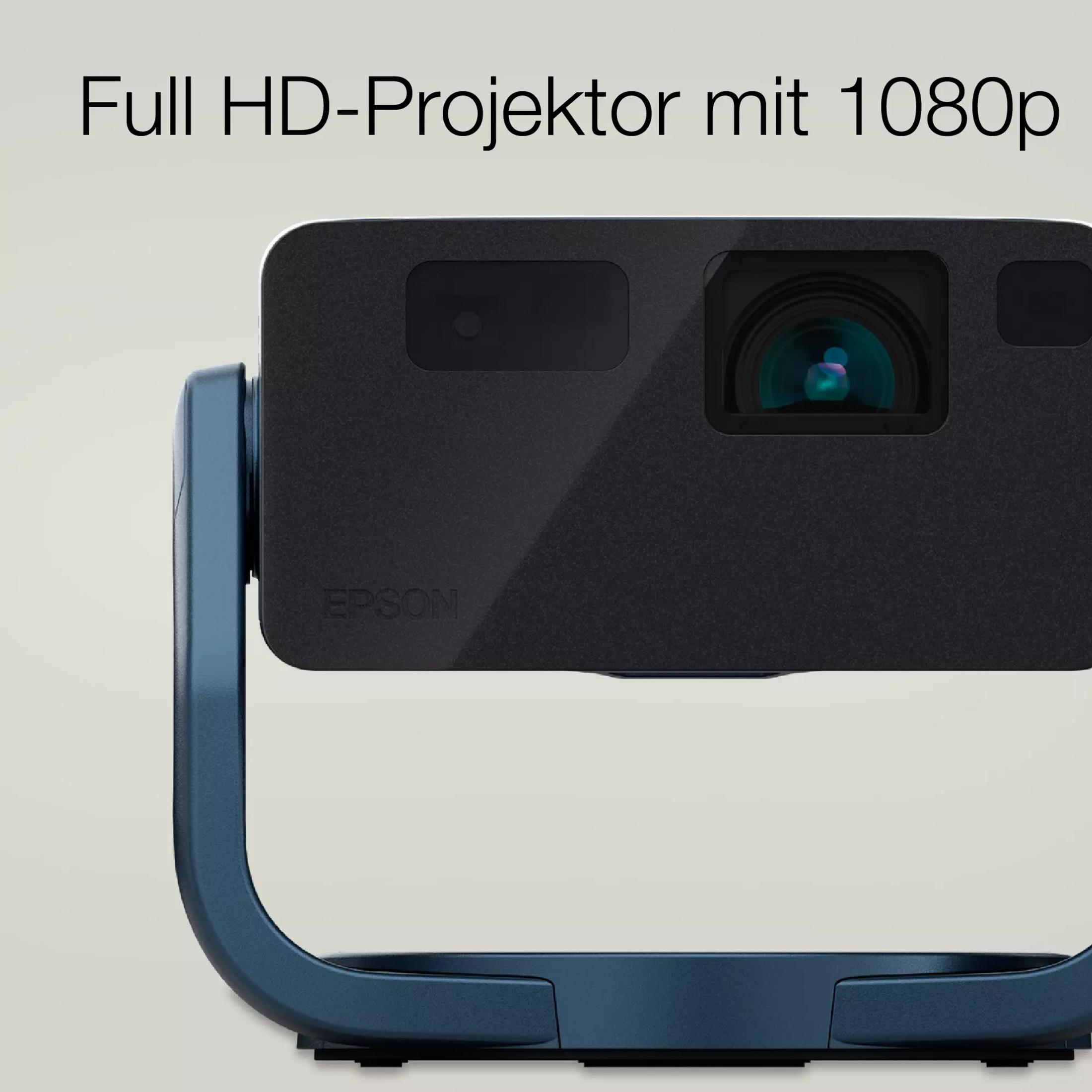 Ein schwarzer Epson Full HD 1080p Projektor mit blauem Ständer.