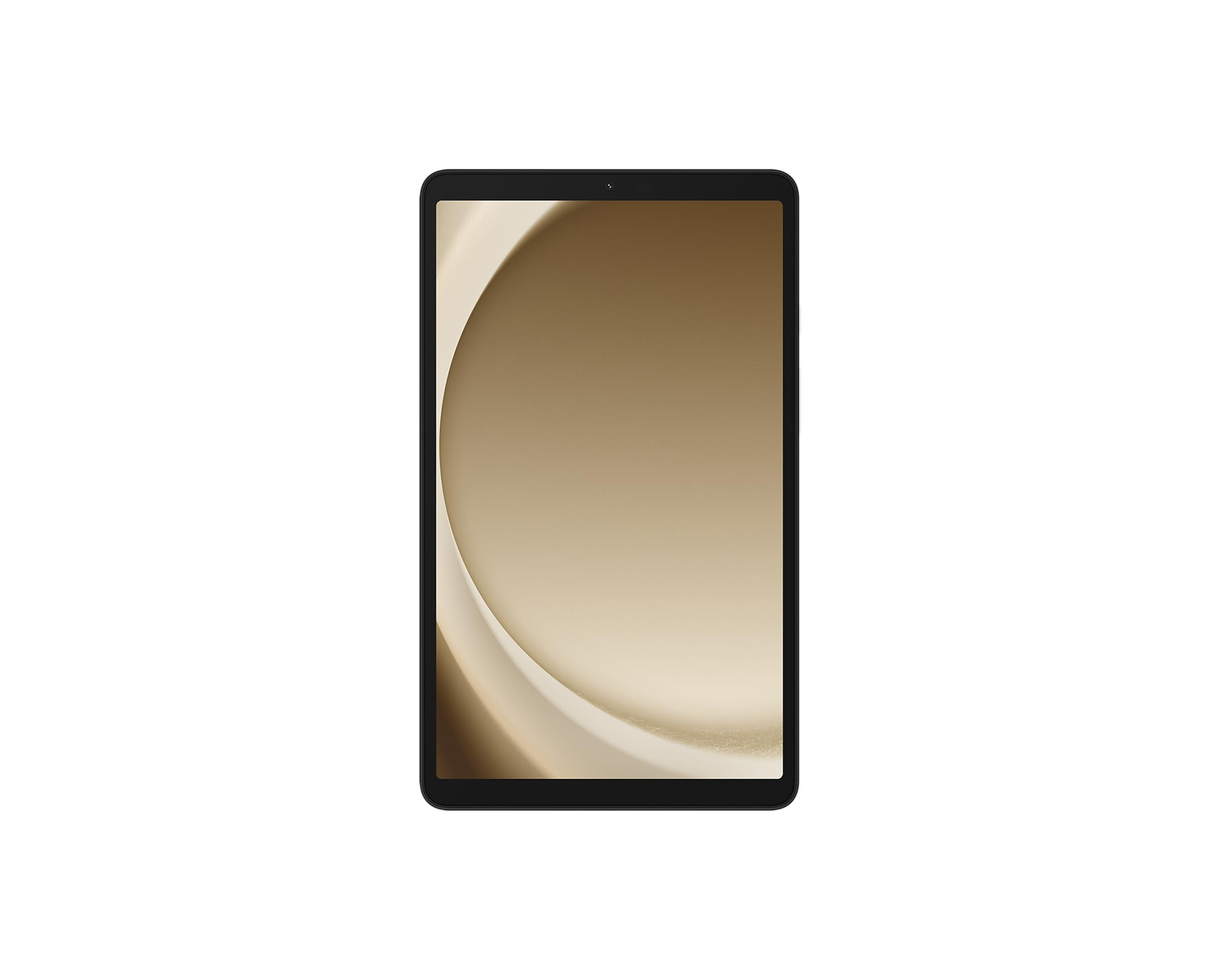 Un tablet nero con uno sfondo dorato e curvo sullo schermo.