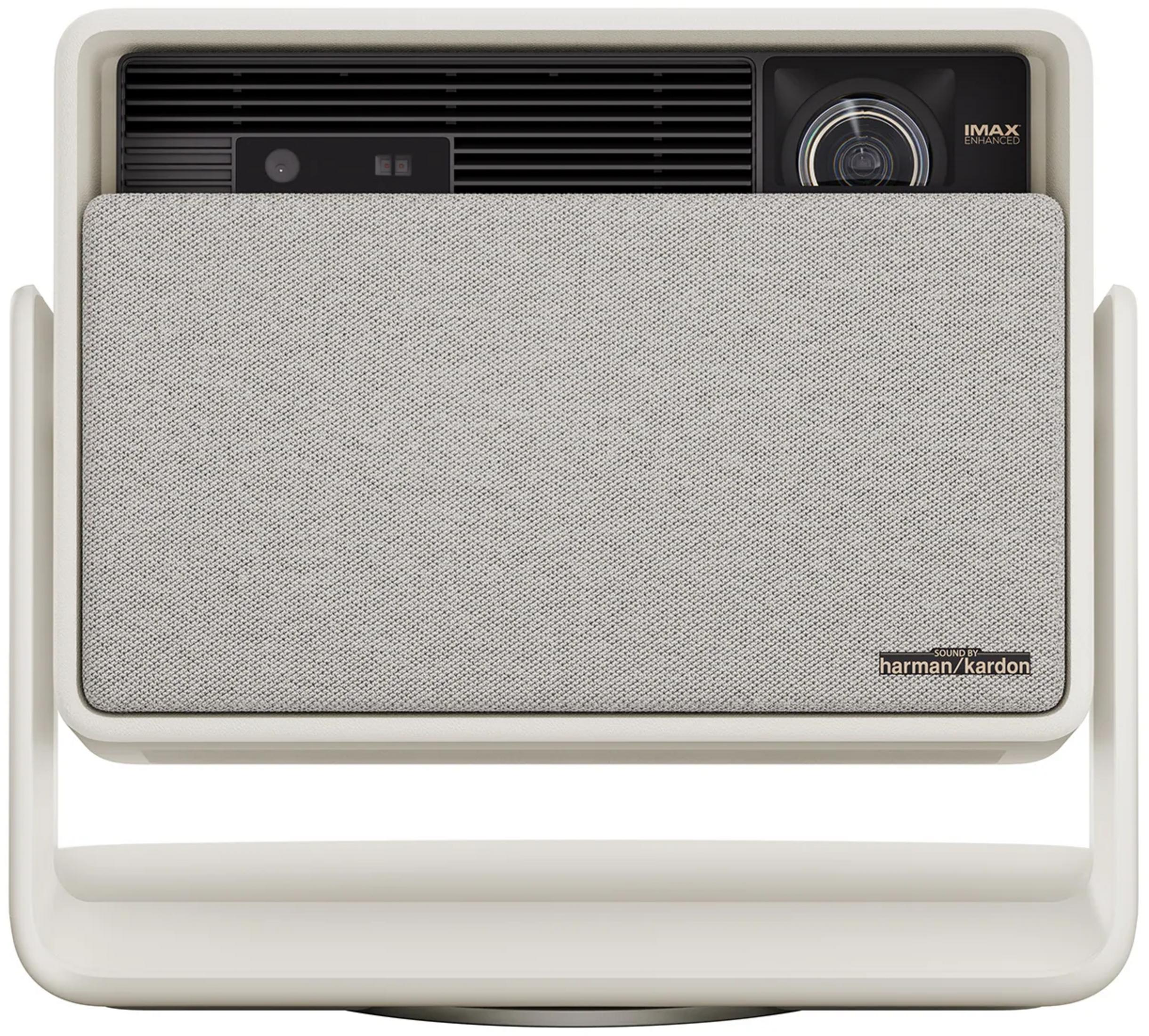 Biały projektor z szarym głośnikiem z tkaniny i obiektywem IMAX.