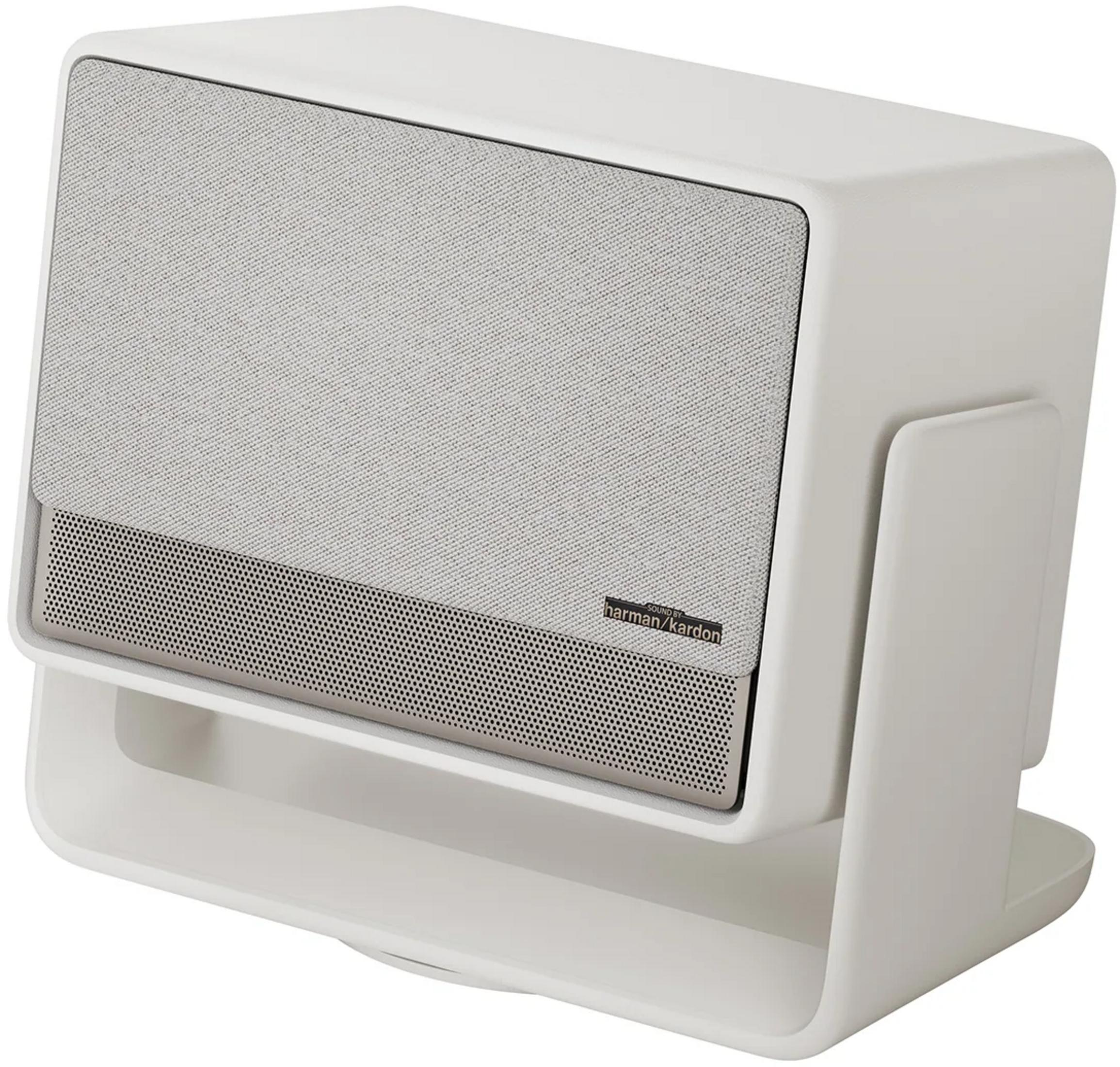 Biały głośnik z szarą, materiałową maskownicą i logo Harman Kardon.