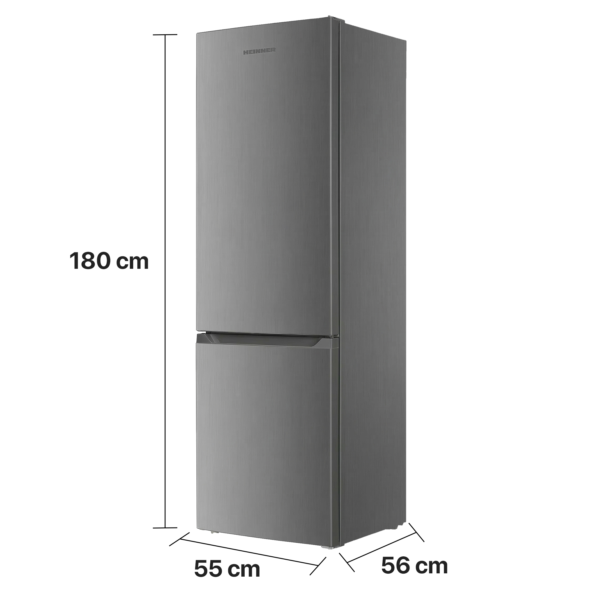 Grijze koelkast van 180x55x56 cm, merk HEINNER.