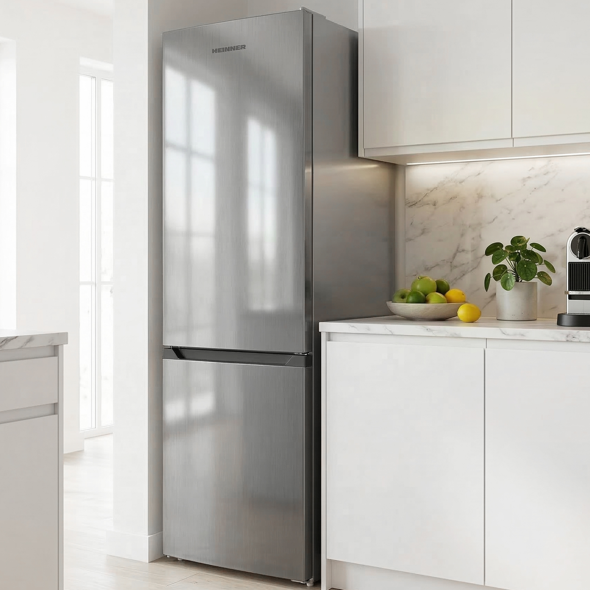Moderne roestvrijstalen koelkast in lichte keuken met fruitschaal en koffiezetapparaat.