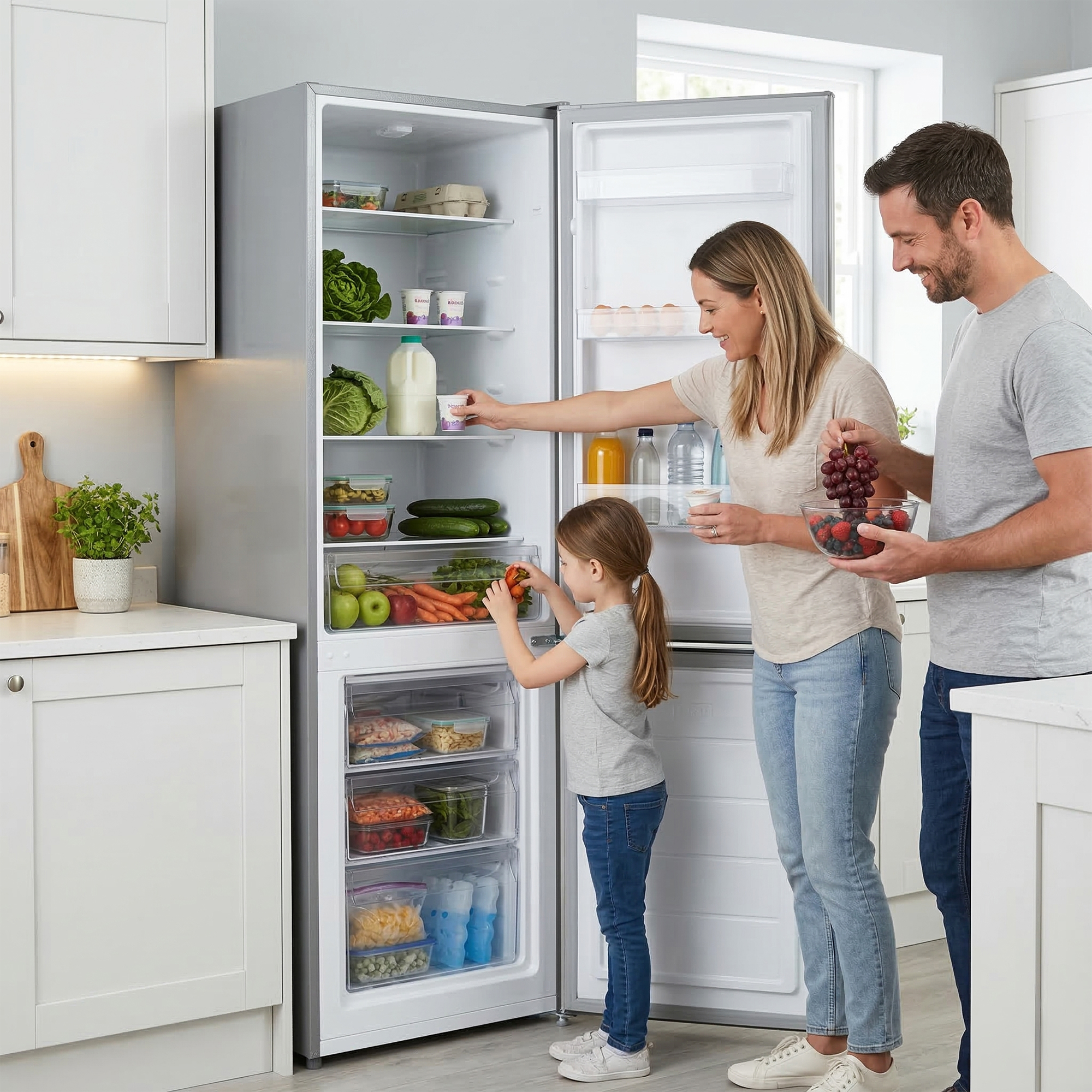 Familie bij open koelkast met eten en fruitschaal.