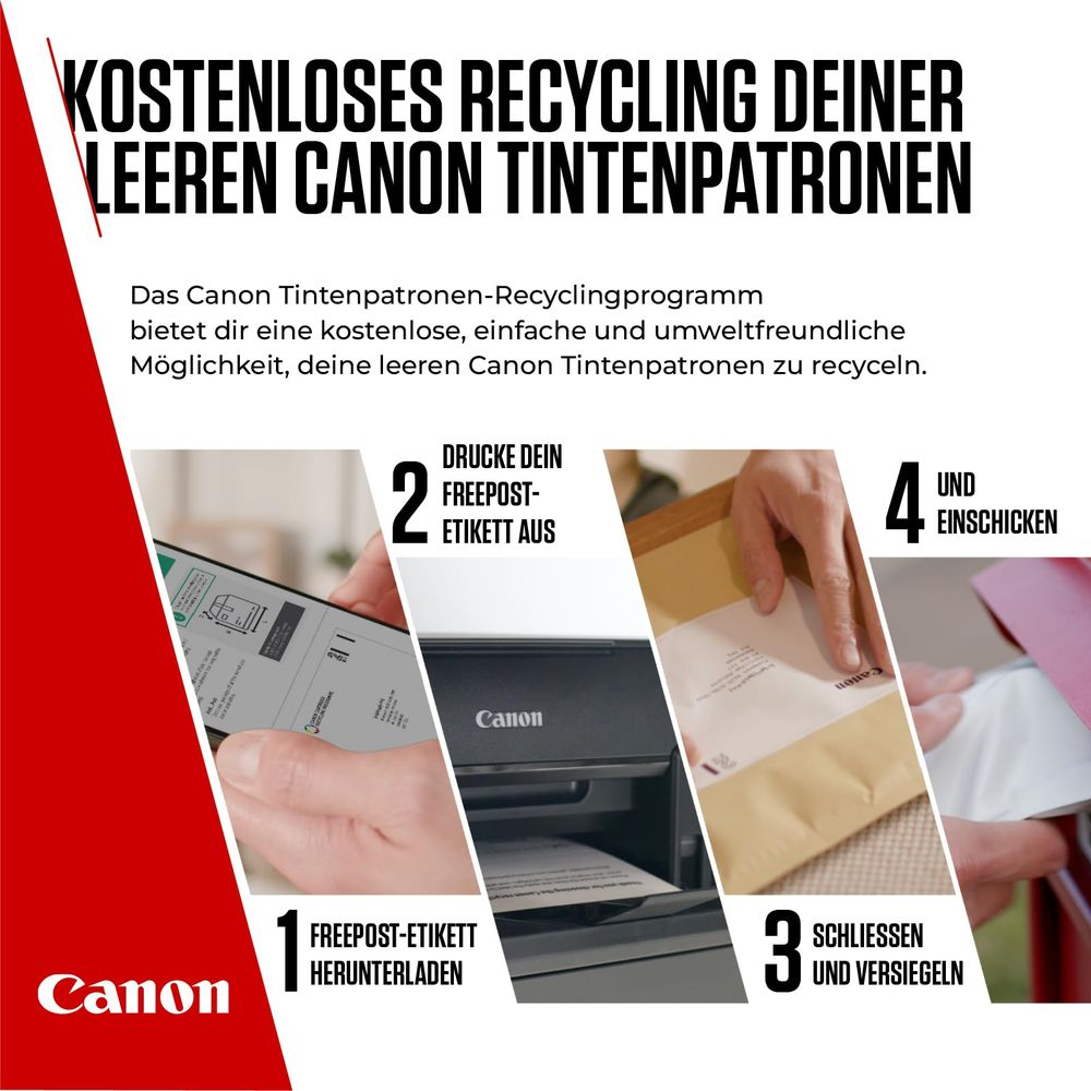 Kroki bezpłatnego recyklingu tuszu Canon: pobierz etykietę, wydrukuj, zapakuj i wyślij.