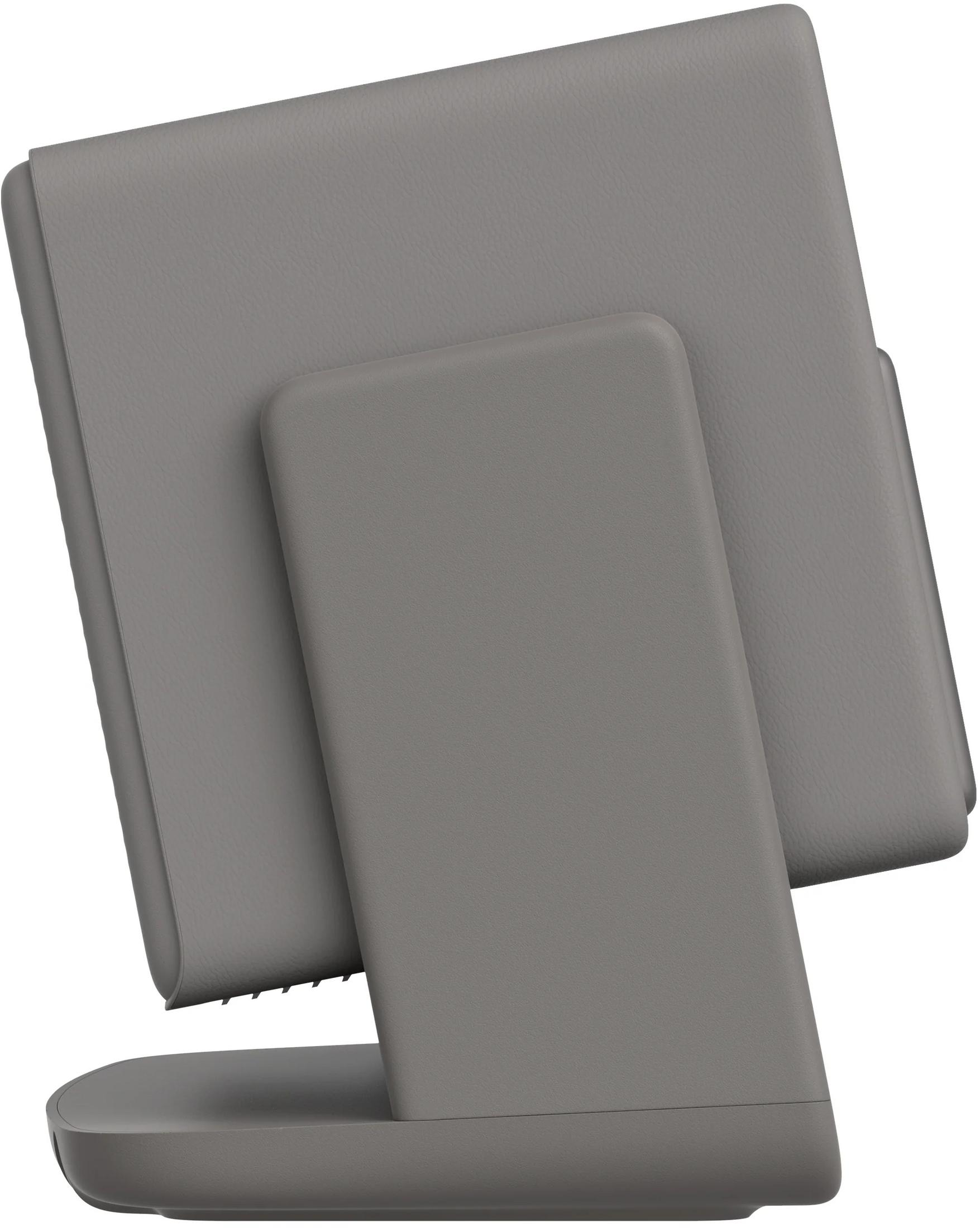 Gray stand holding a folded tablet or book.