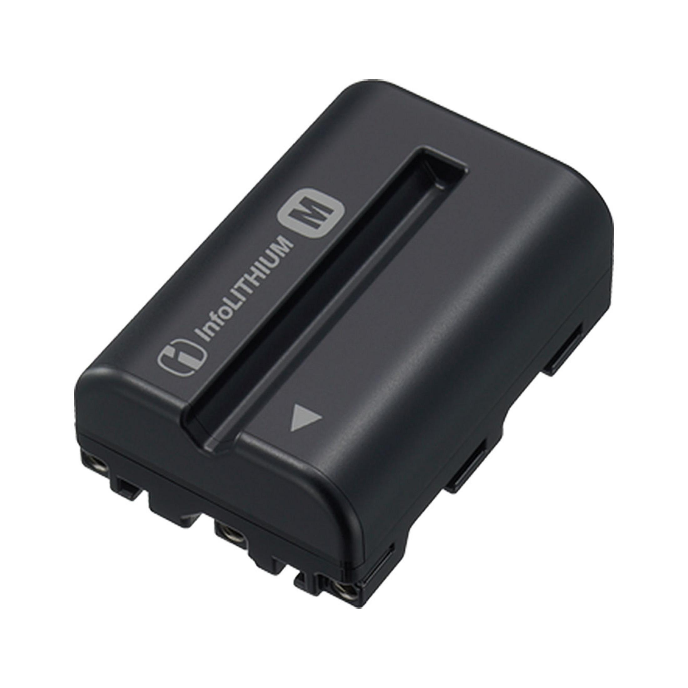 Batteria nera con marchio InfoLITHIUM M e simbolo di freccia.