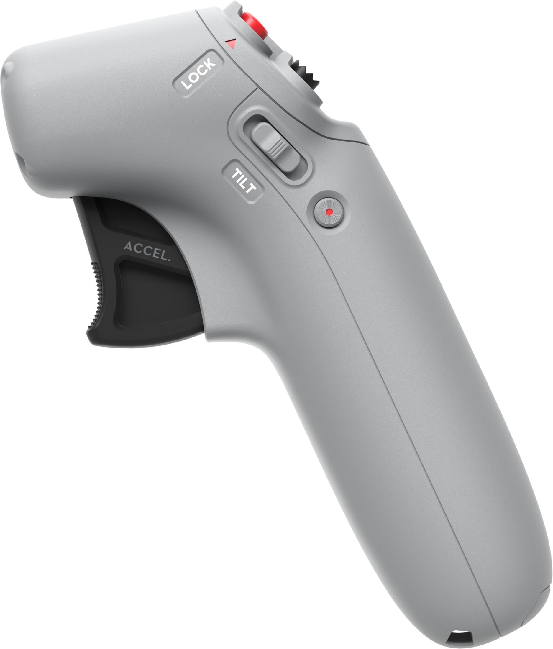 Szary kontroler z czerwonym spustem, suwakiem i przyciskami.