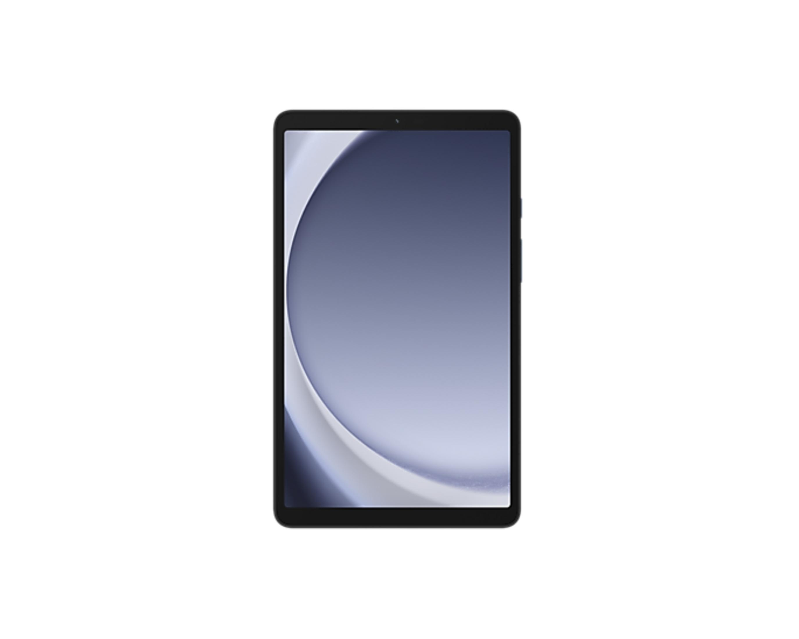 Un tablet nero con uno screensaver curvo blu e bianco.