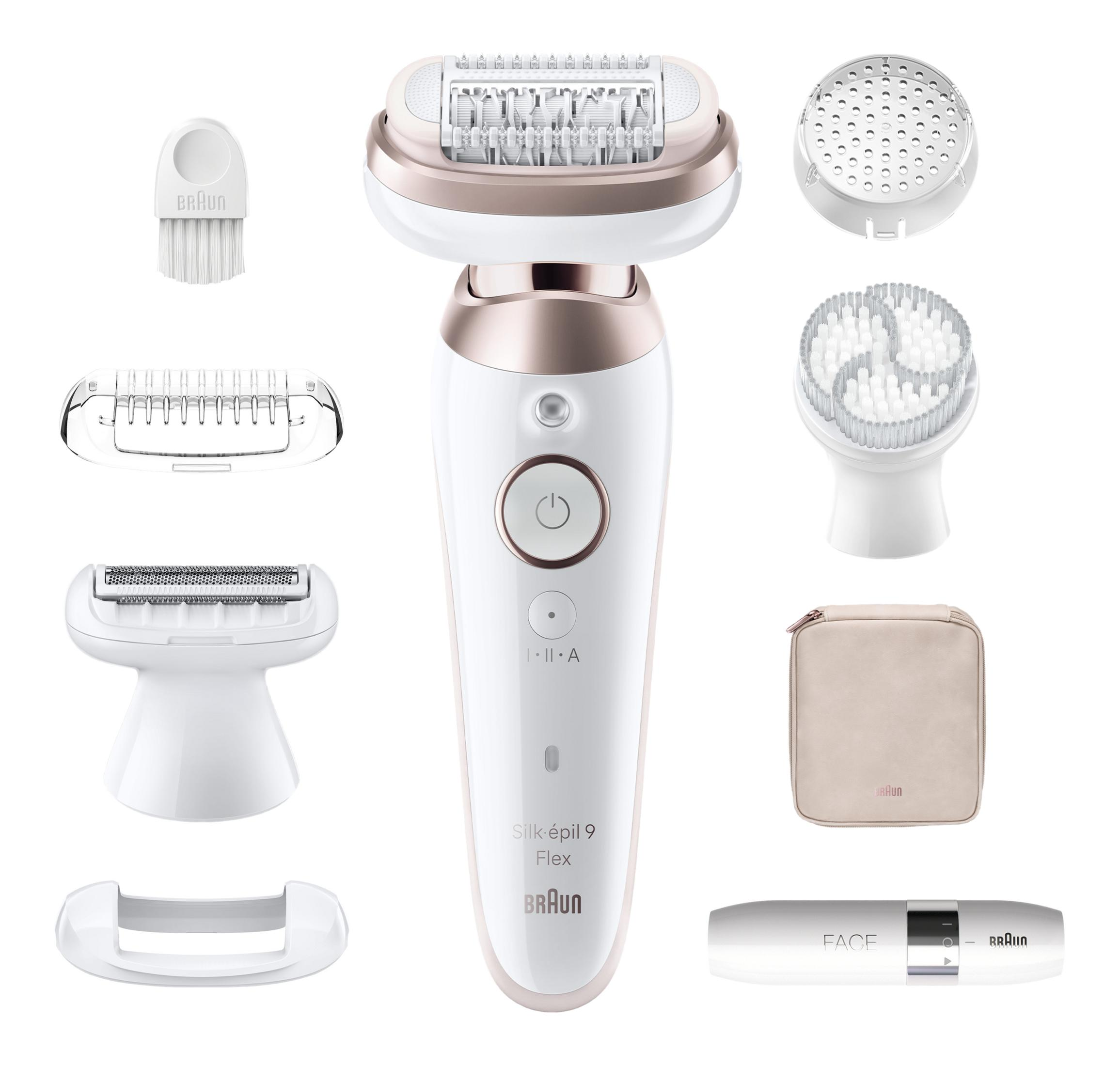 Braun Silk-épil 9 Flex z akcesoriami: depilator, szczotki, nasadki, etui, depilator do twarzy.