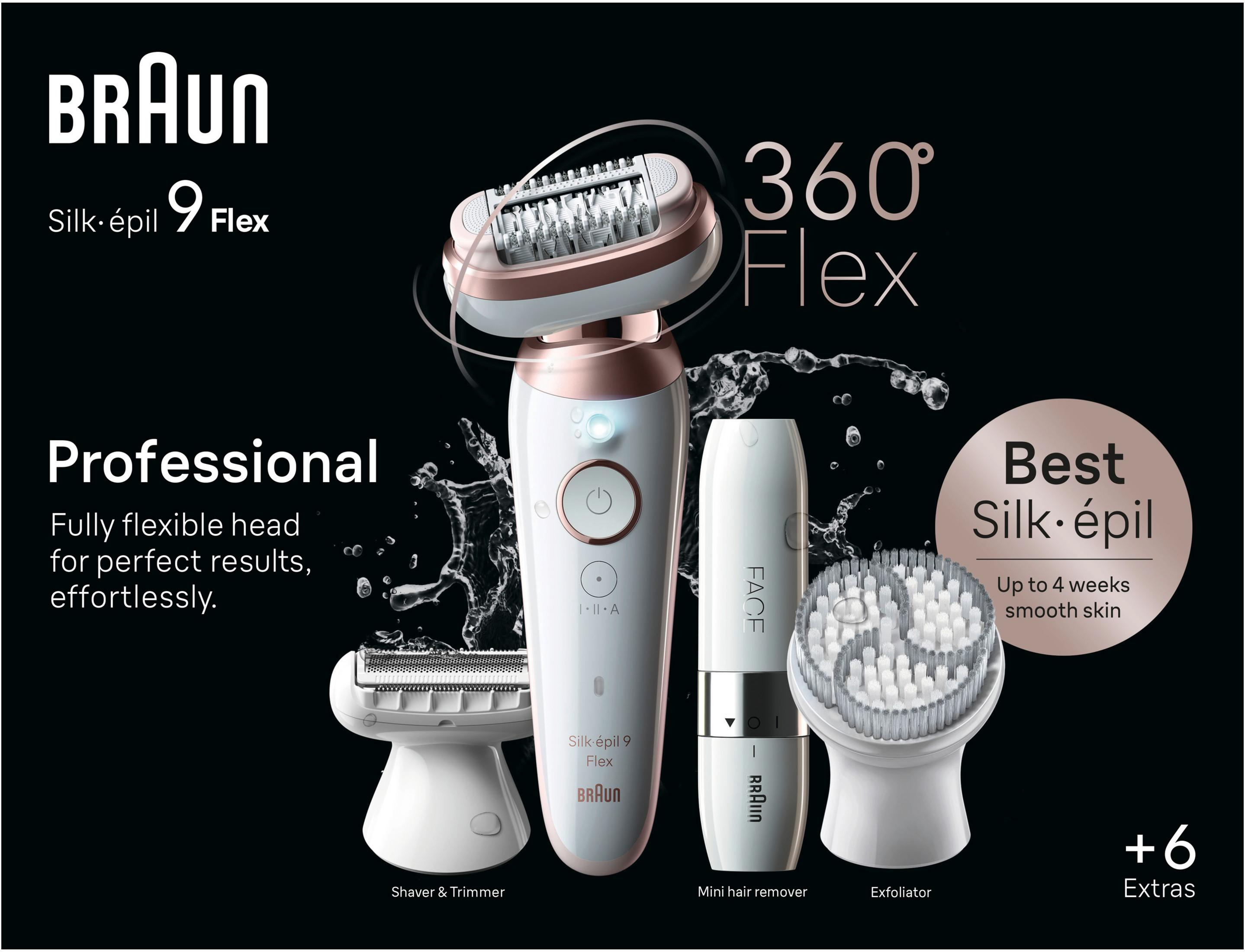 Depilator Braun Silk-épil 9 Flex z akcesoriami na czarnym tle.