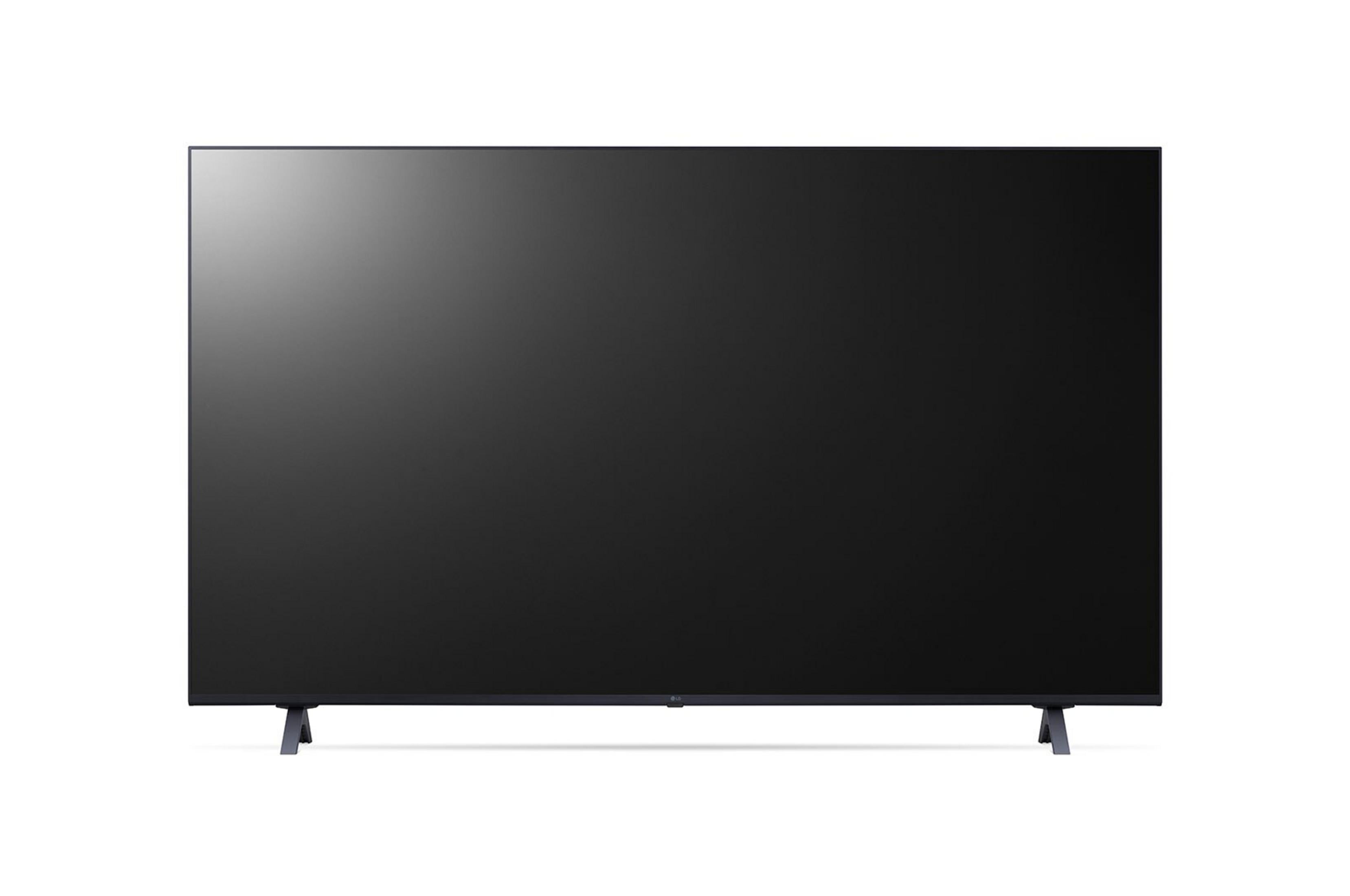 Una moderna TV a schermo piatto nera con cornice sottile su un supporto.