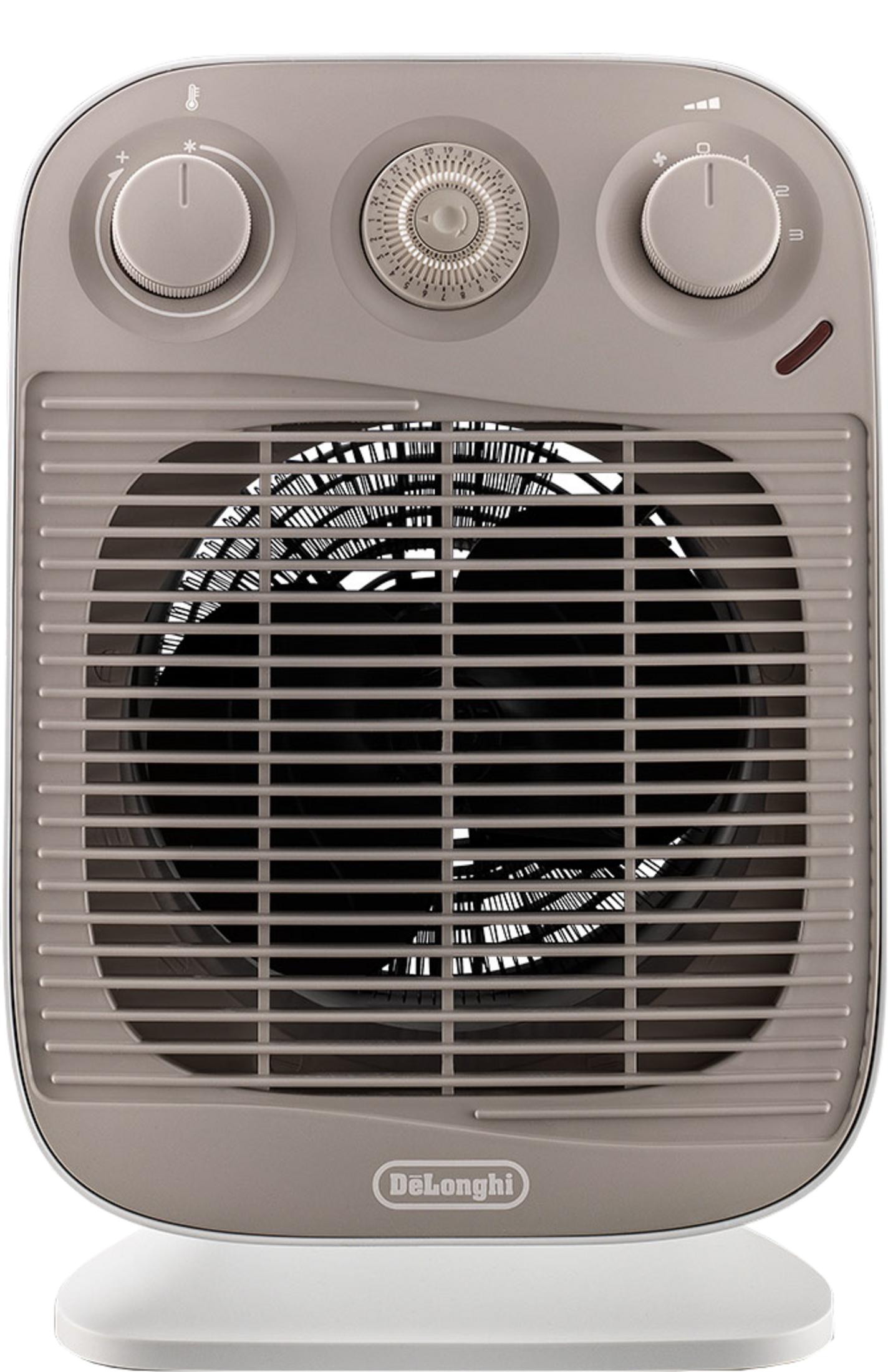 Szary wentylator z trzema pokrętłami i kratką. Poniżej znajduje się logo De'Longhi.