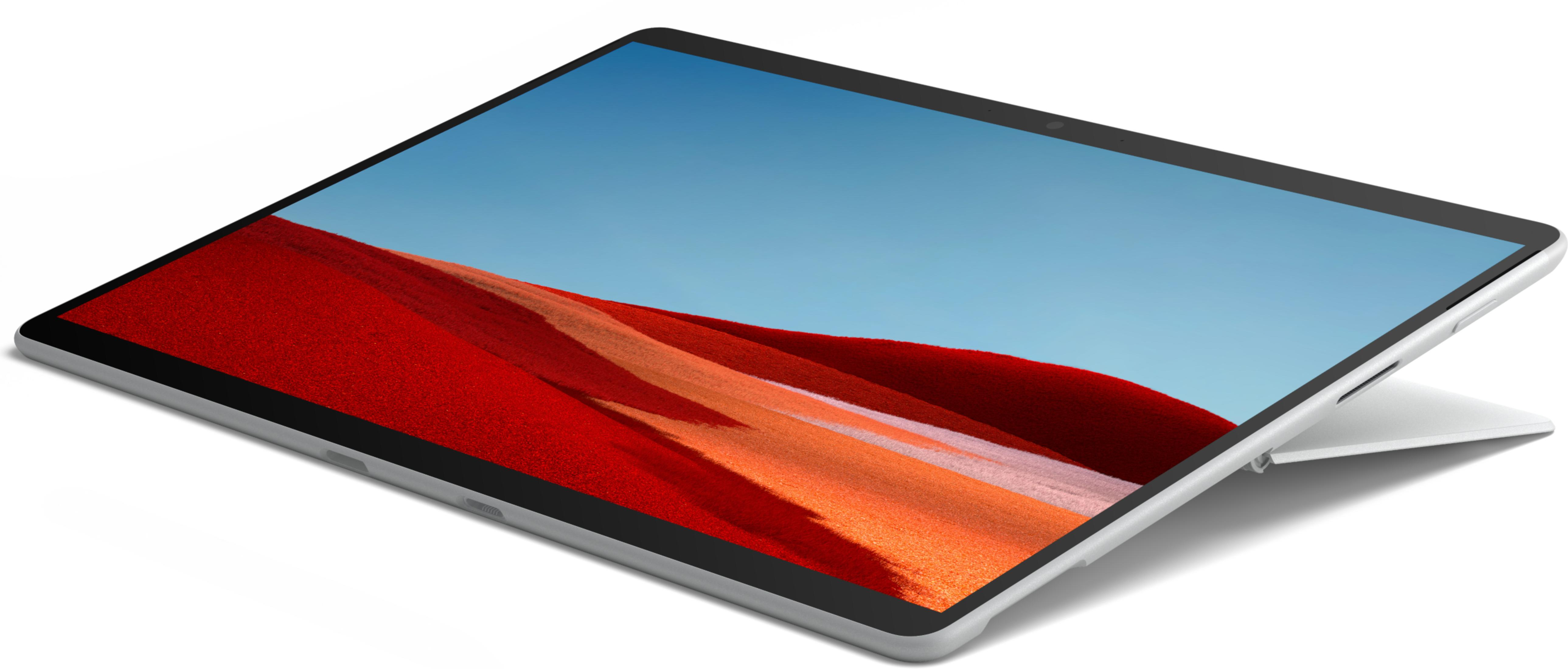 Ein silbernes Tablet mit einem roten und blauen Hintergrundbild.