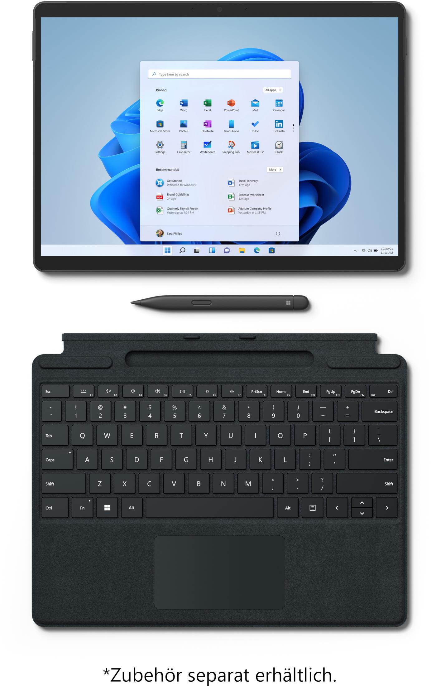 Ein schwarzes Tablet mit Windows 11-Startmenü und Tastatur. Stift liegt daneben.