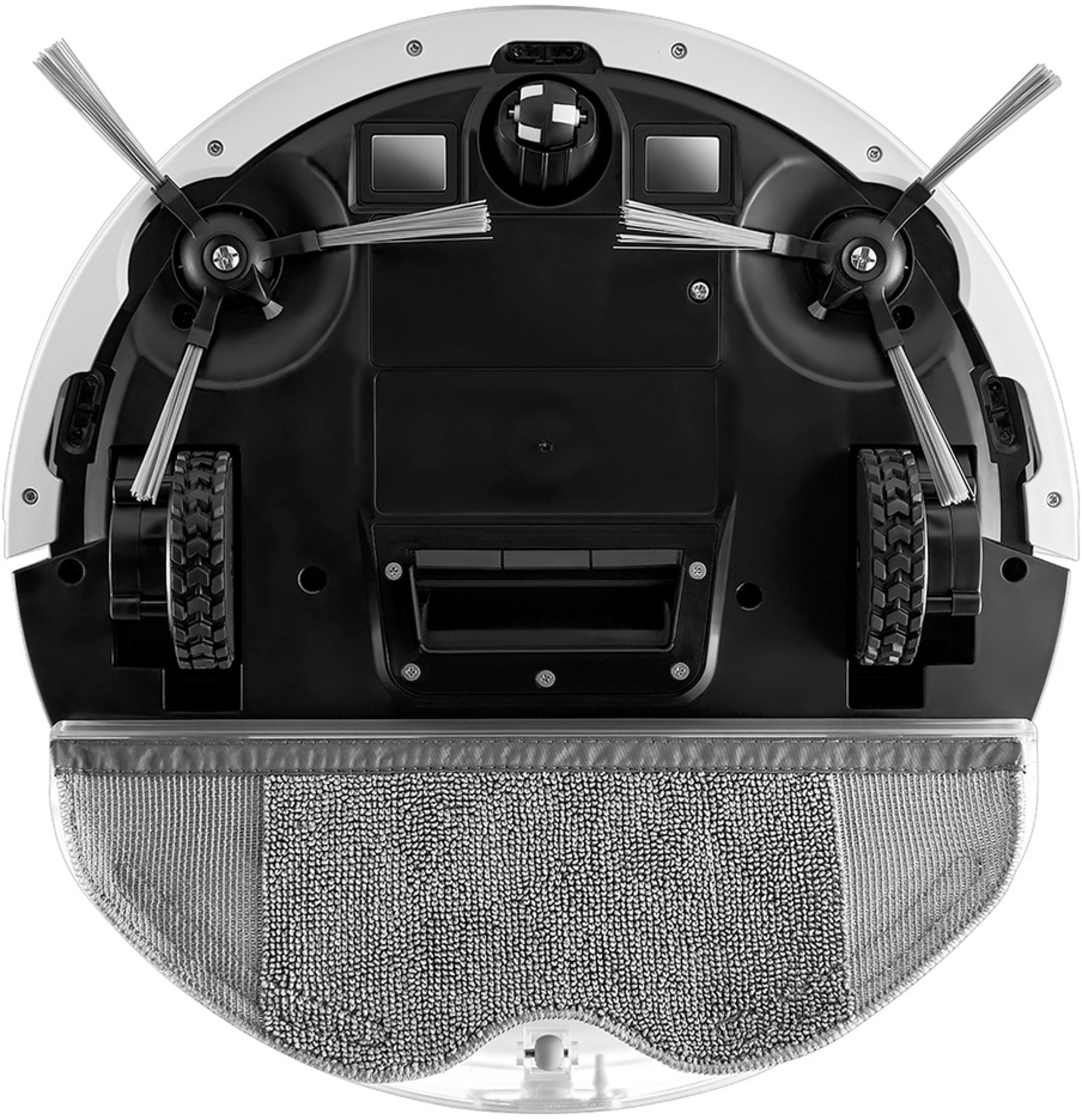 Spód okrągłego robota odkurzającego ze szczotkami, kołami i nakładką mopującą.