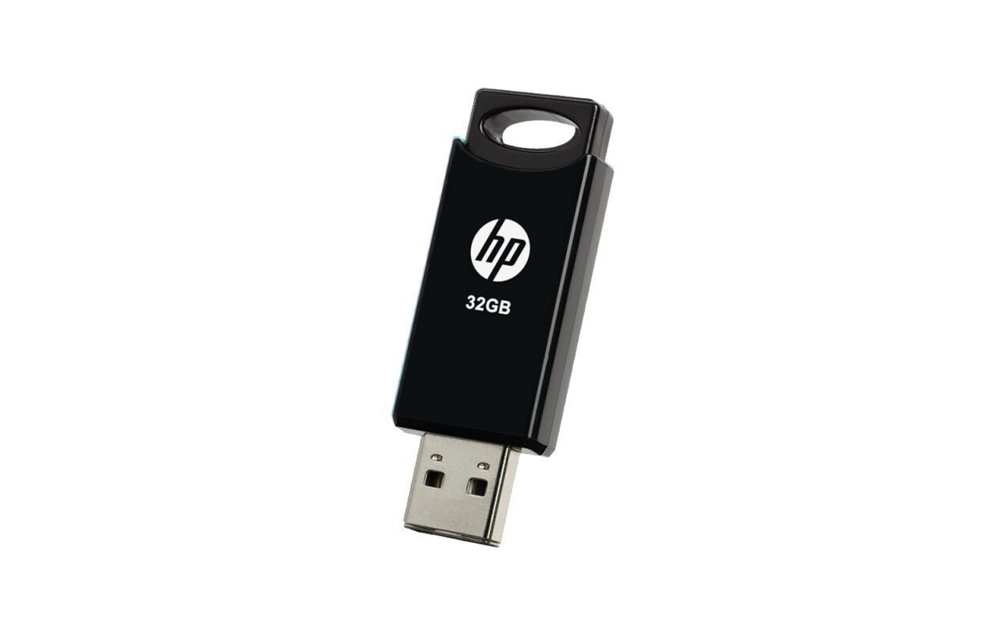 Une clé USB HP noire de 32 Go avec son connecteur visible.