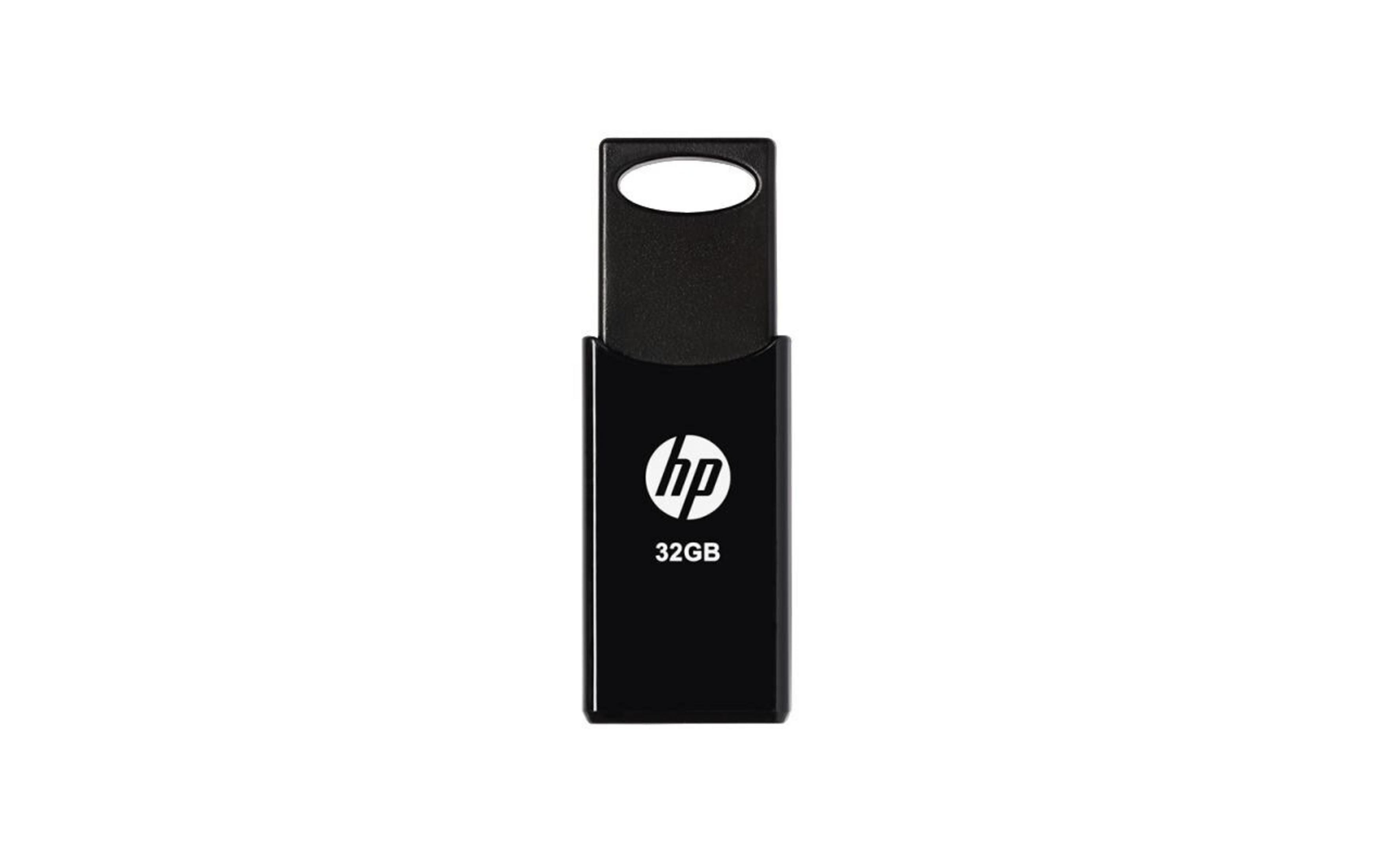 Clé USB HP noire de 32 Go avec un trou ovale en haut.