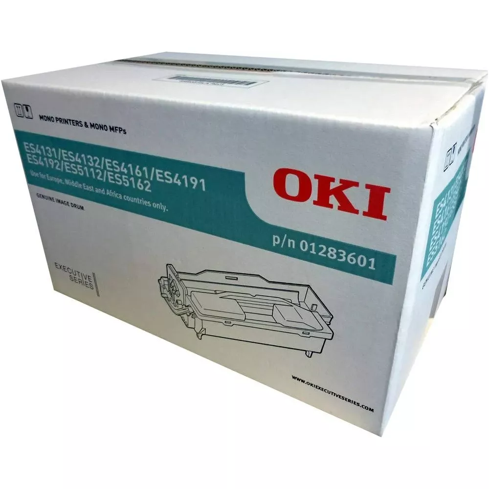 Pudełko drukarki OKI z ilustracją bębna obrazowego. Numery modeli i informacje.