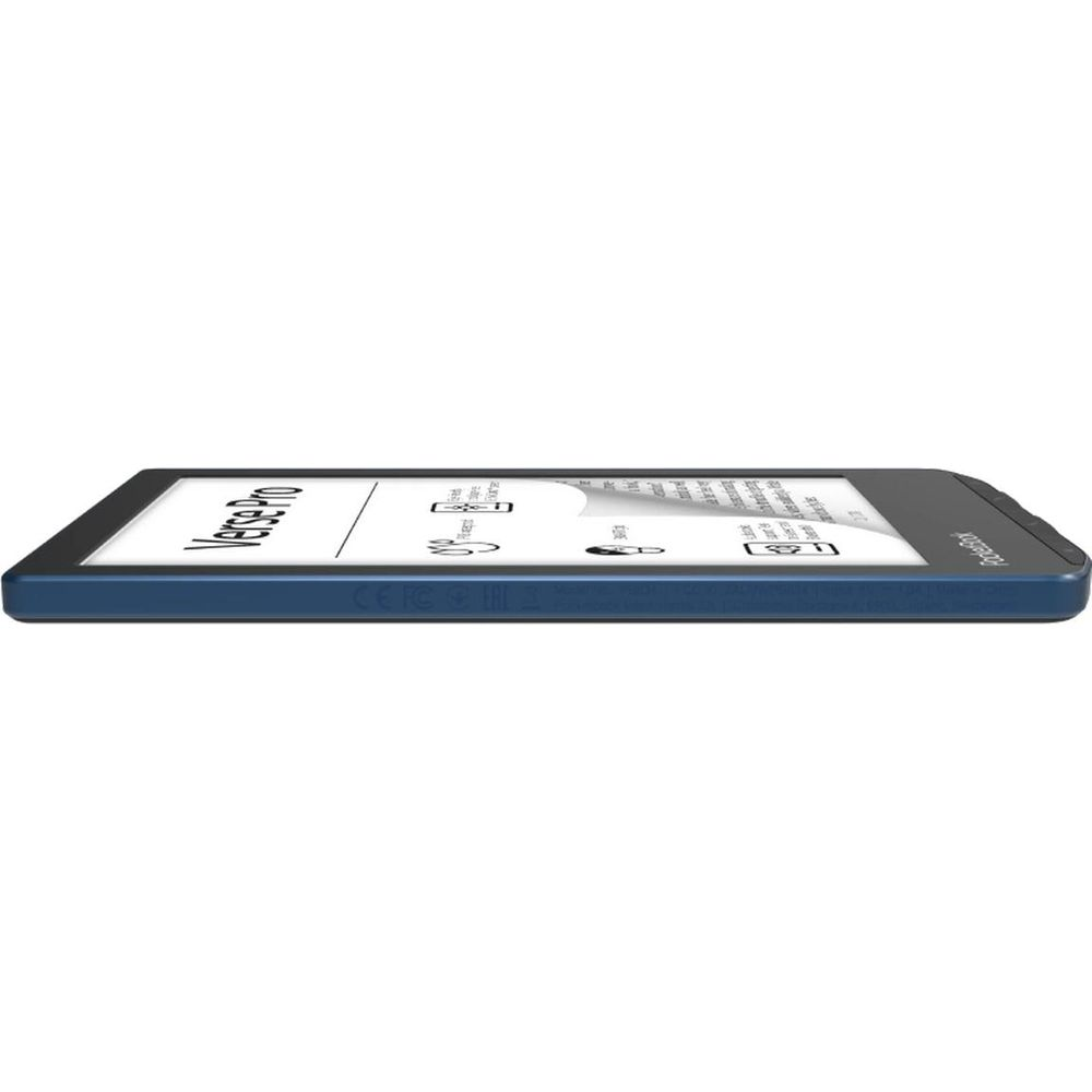 Niebieski czytnik e-booków z otwartą książką na ekranie.