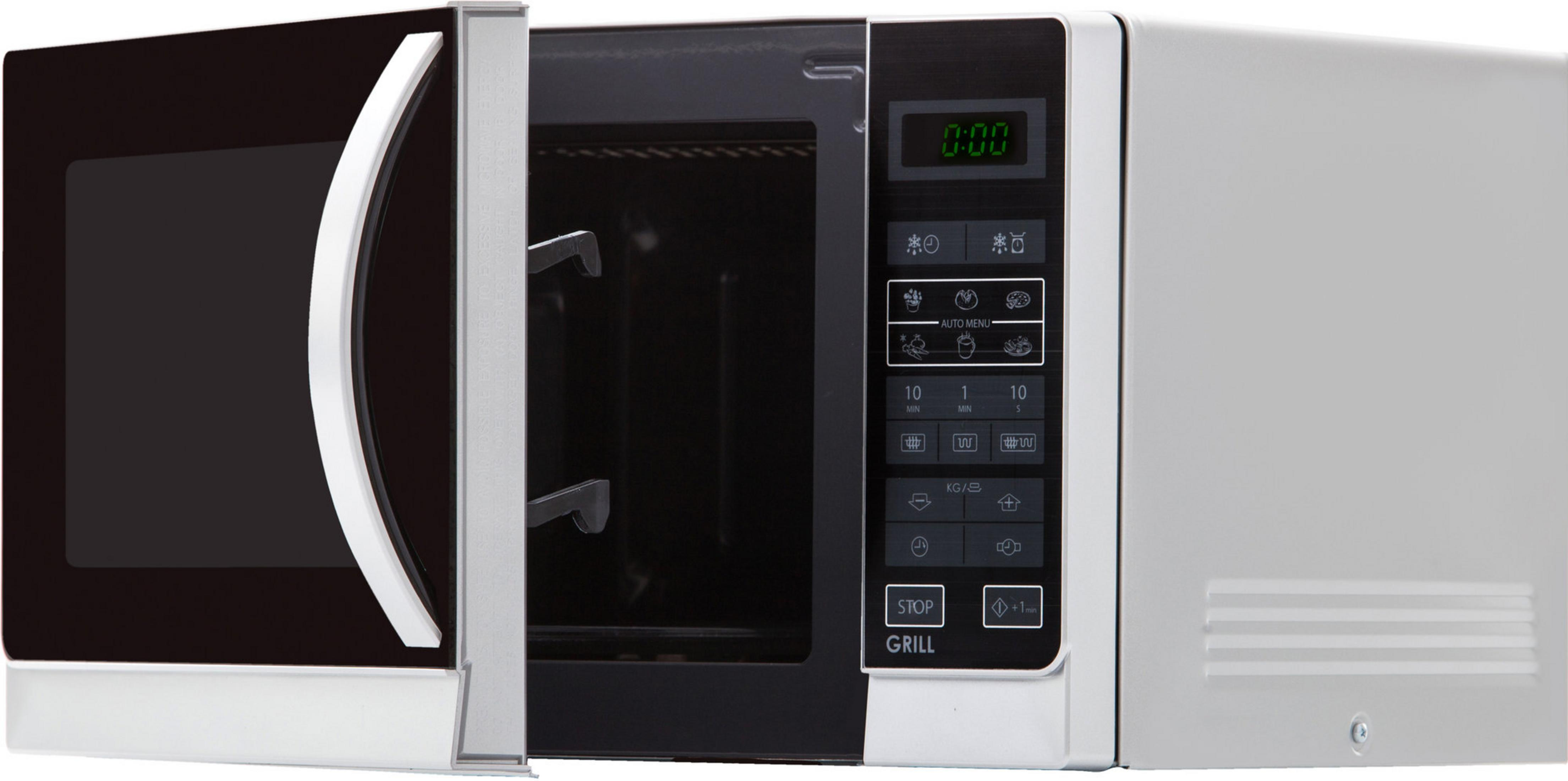 Otwarta kuchenka mikrofalowa z cyfrowym wyświetlaczem i panelem sterowania. Srebrna i czarna.