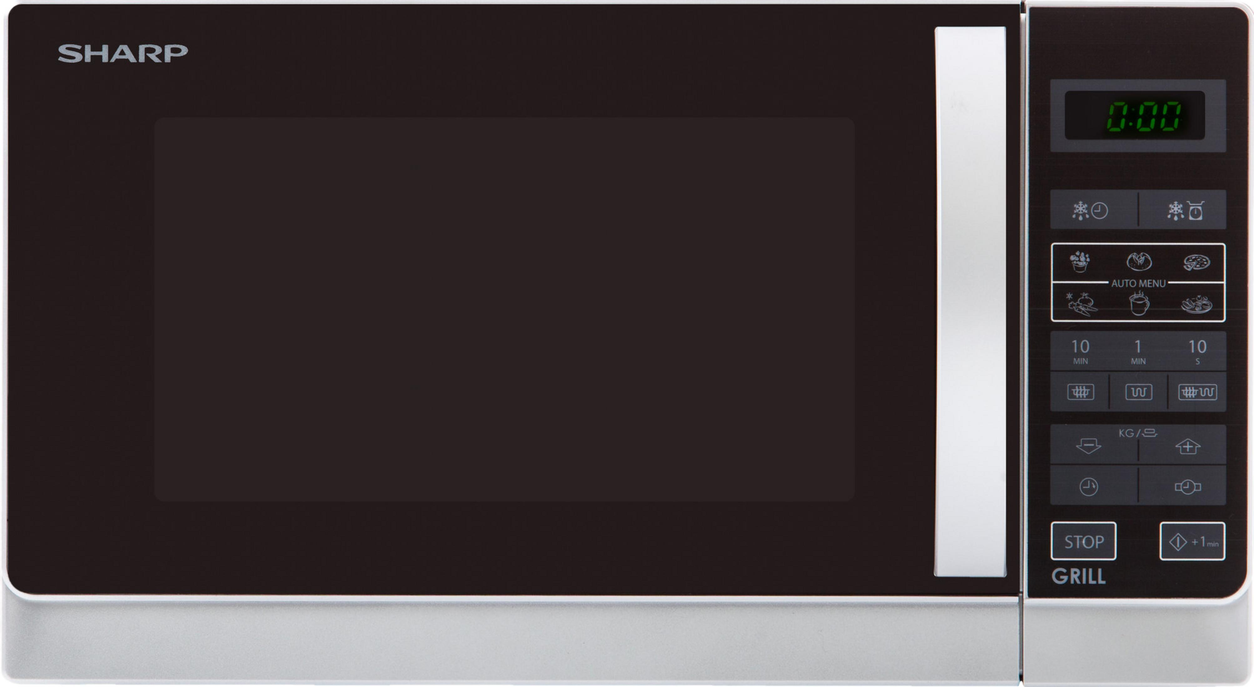 Srebrno-czarna kuchenka mikrofalowa Sharp z panelem sterowania.
