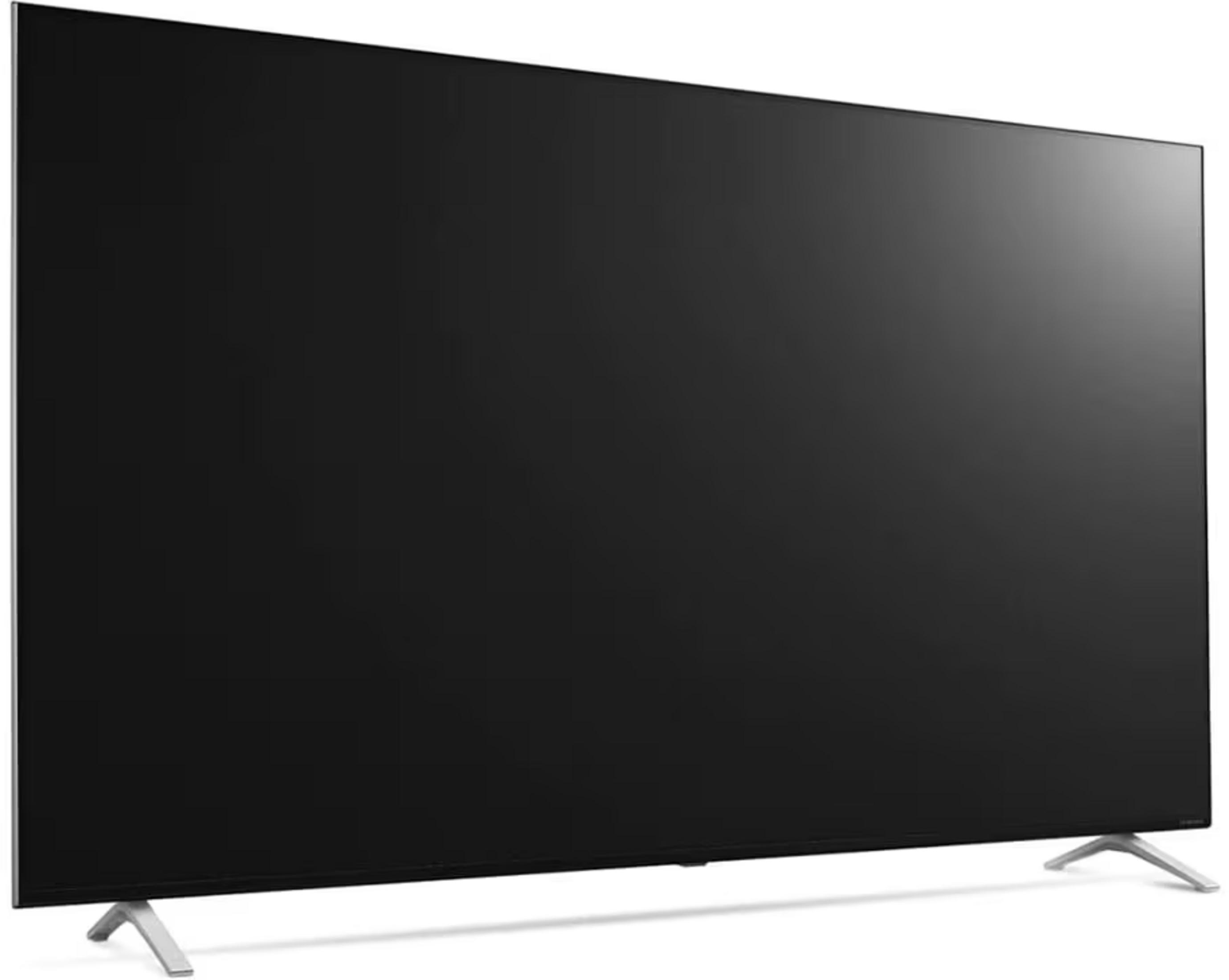 Nowoczesny, czarny telewizor z płaskim ekranem i smukłymi srebrnymi nogami.