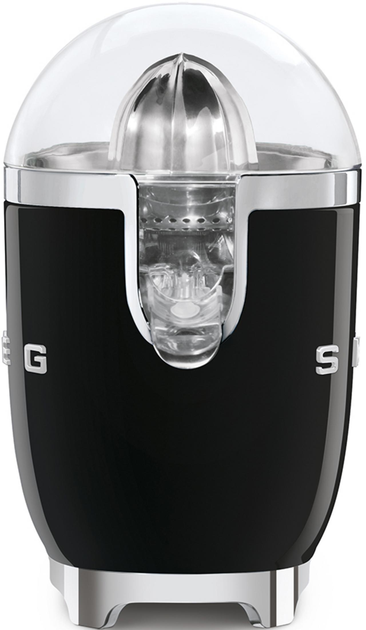 Czarna wyciskarka do cytrusów ze srebrną prasą i przezroczystą pokrywą.