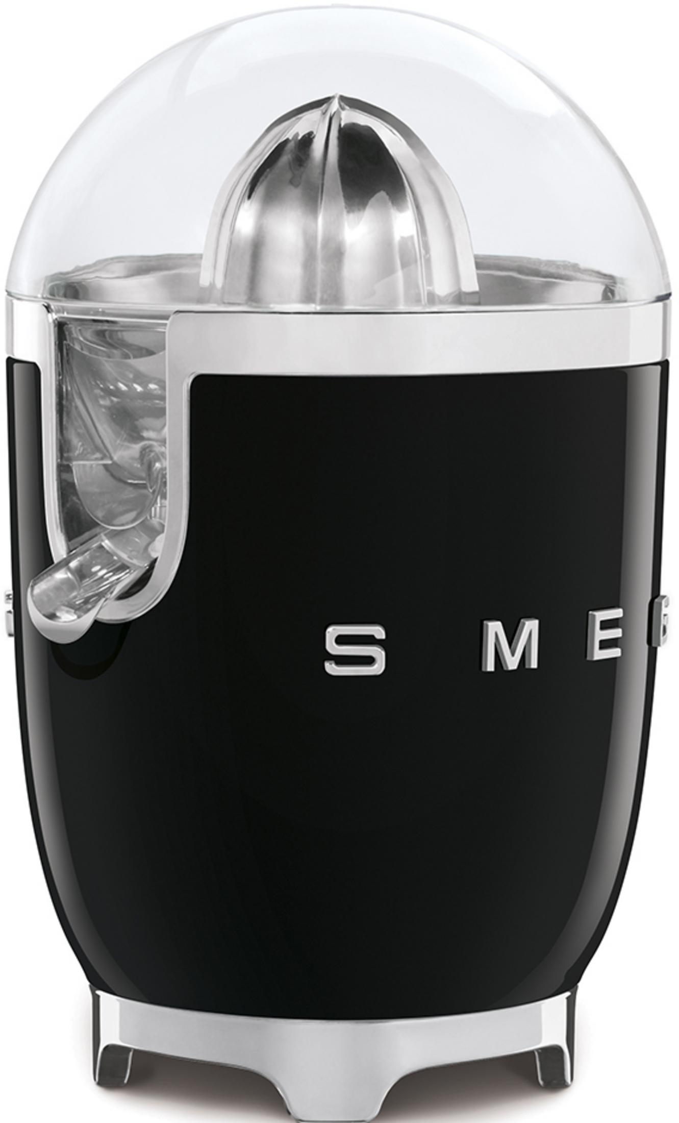 Czarna wyciskarka do cytrusów z chromowanymi detalami i przezroczystą pokrywą.