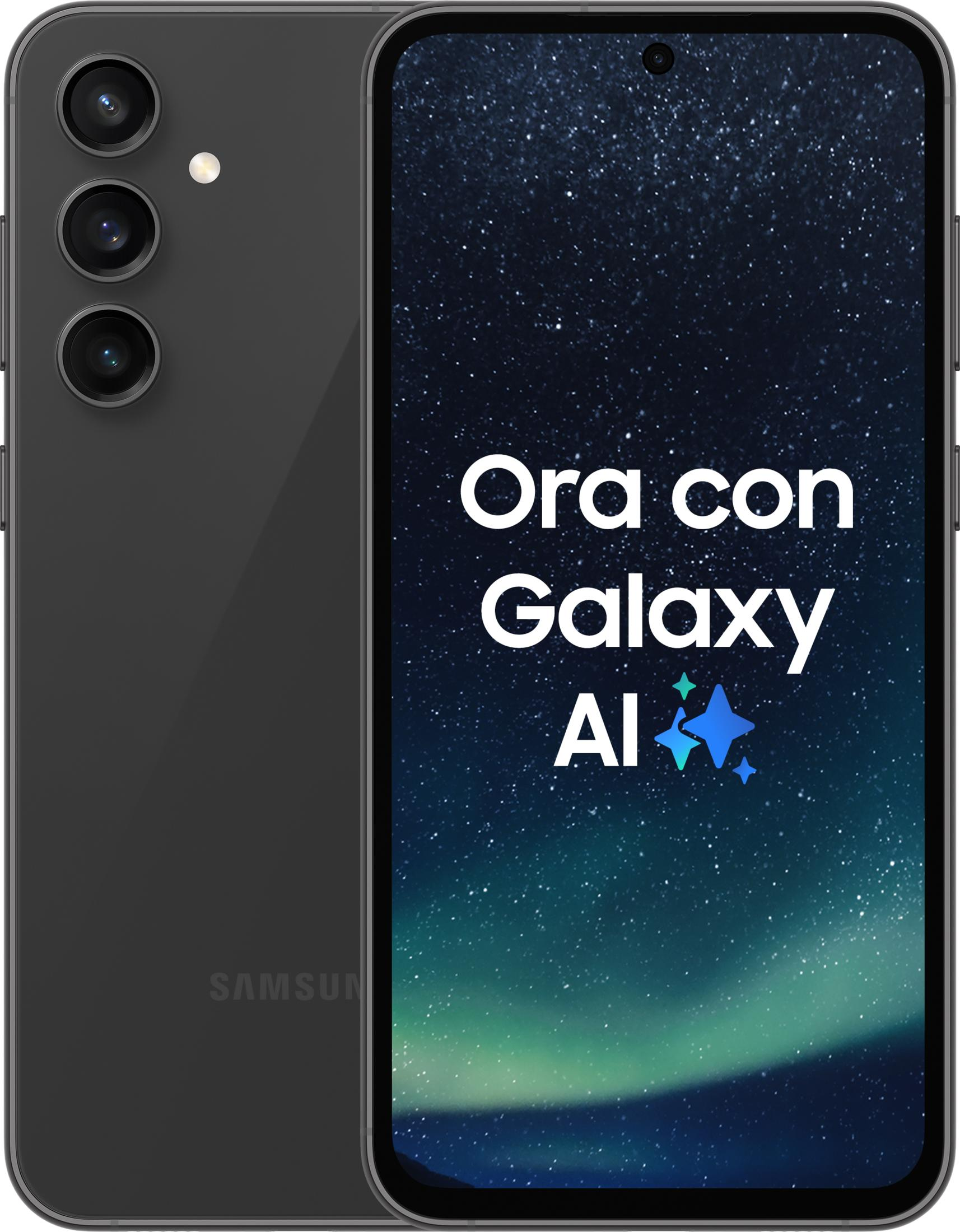 Ciemny smartfon Samsung Galaxy z trzema aparatami, wyświetlający tło nocnego nieba.