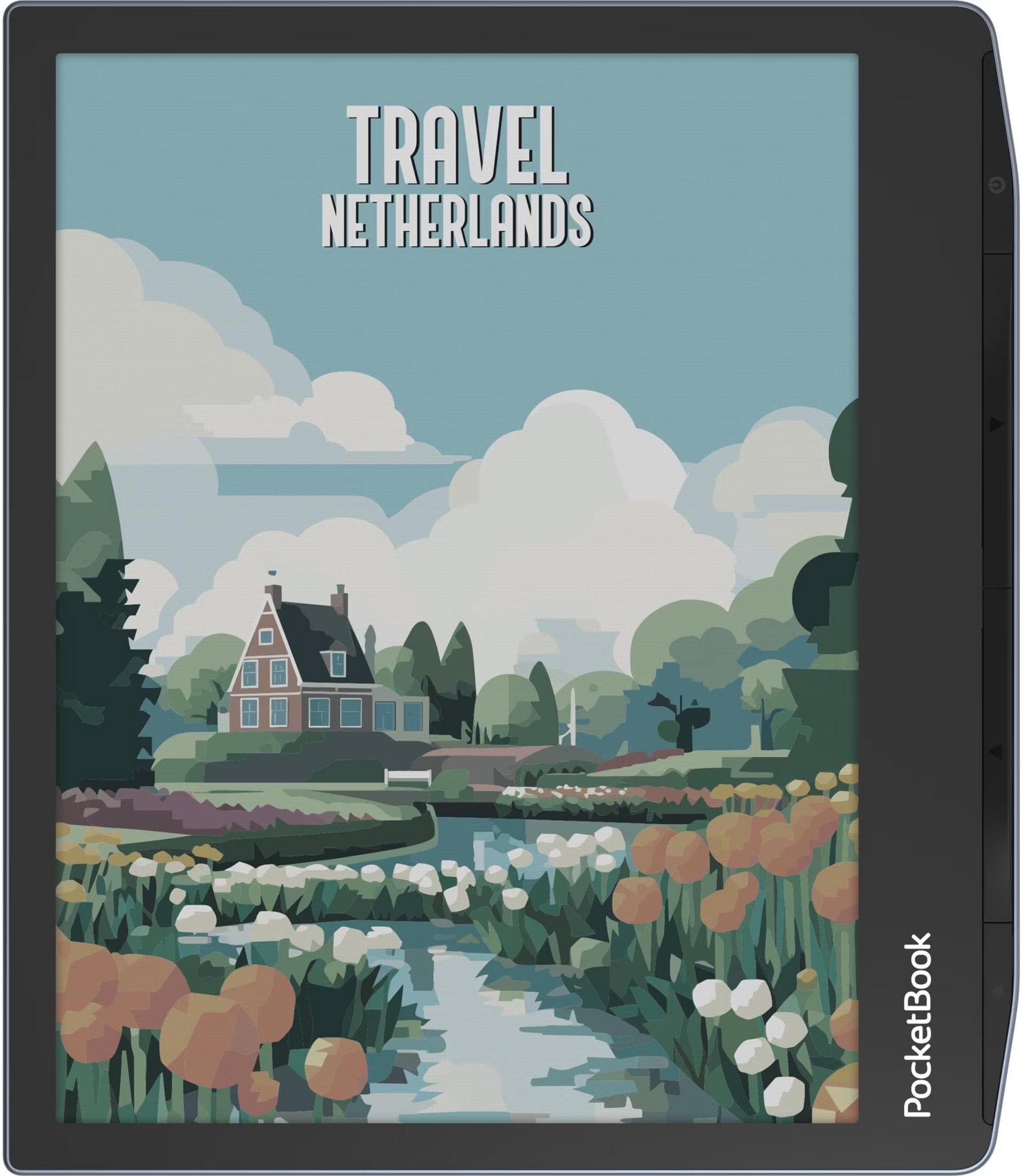 Ilustracja domu w Holandii z kwiatami i chmurami.