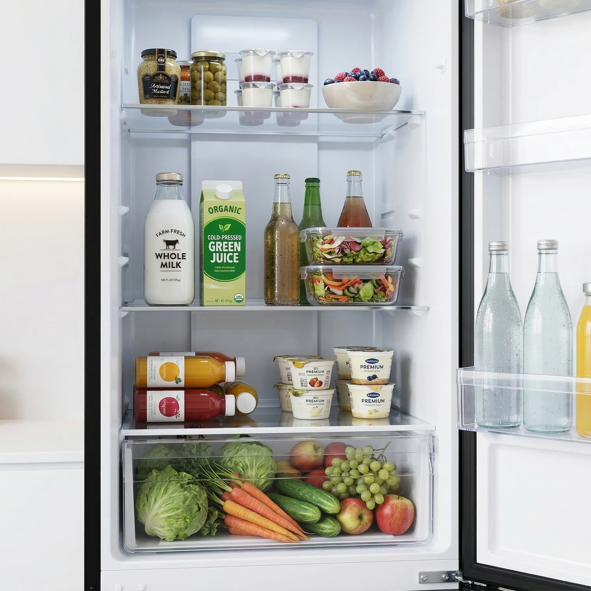 Een koelkast gevuld met boodschappen, waaronder melk, sap, yoghurt, salades en verse producten.