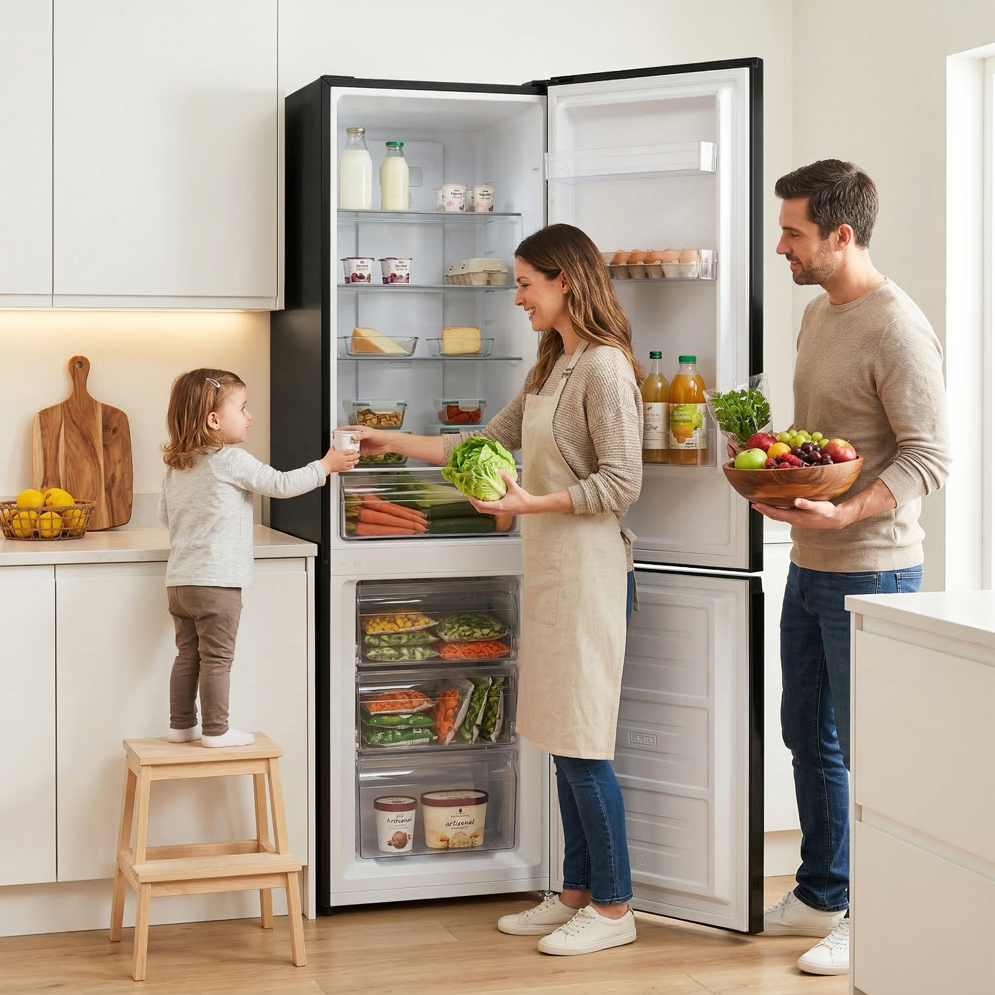 Familie voor open koelkast met eten en fruitschaal.