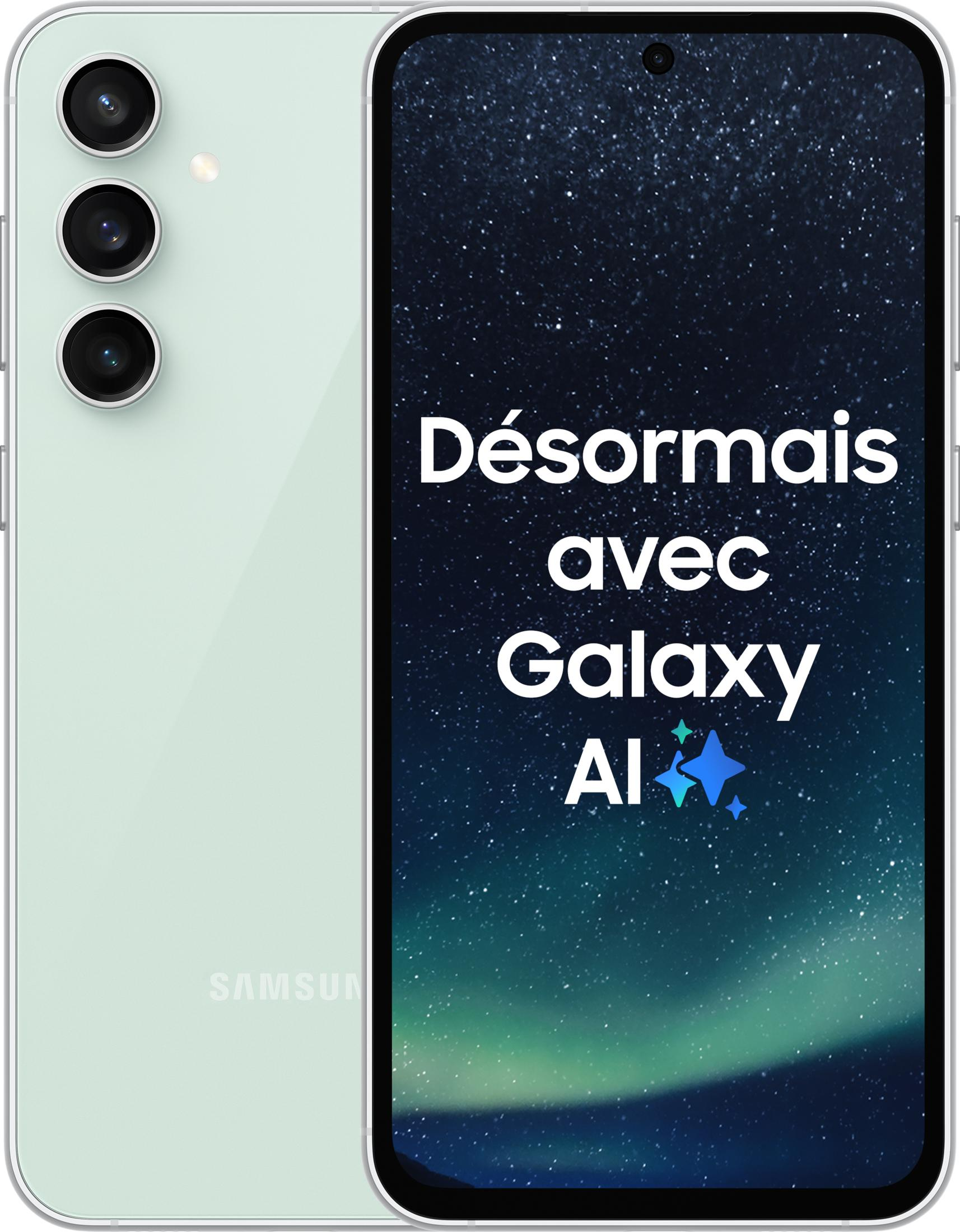 Jasnozielony smartfon z trzema aparatami wyświetlający Galaxy AI.