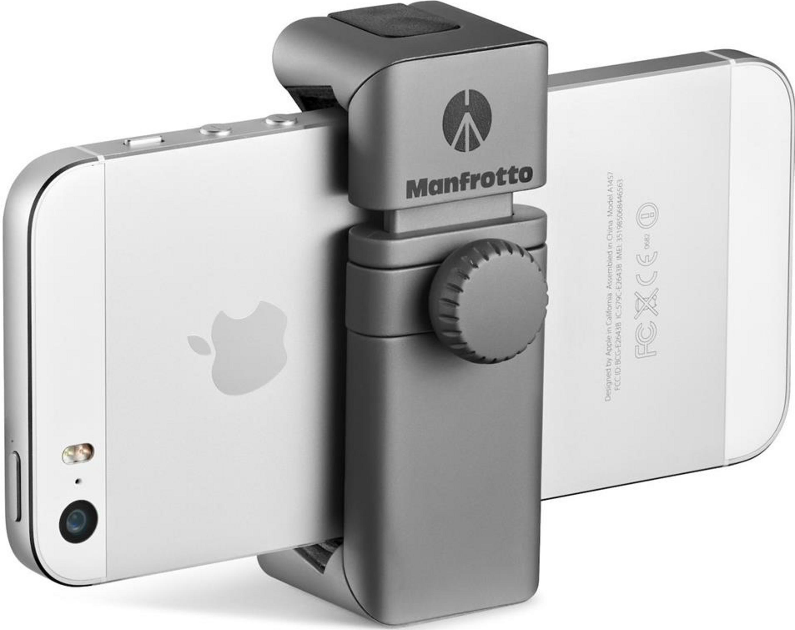 Srebrny iPhone przymocowany do uchwytu Manfrotto z radełkowanym pokrętłem.