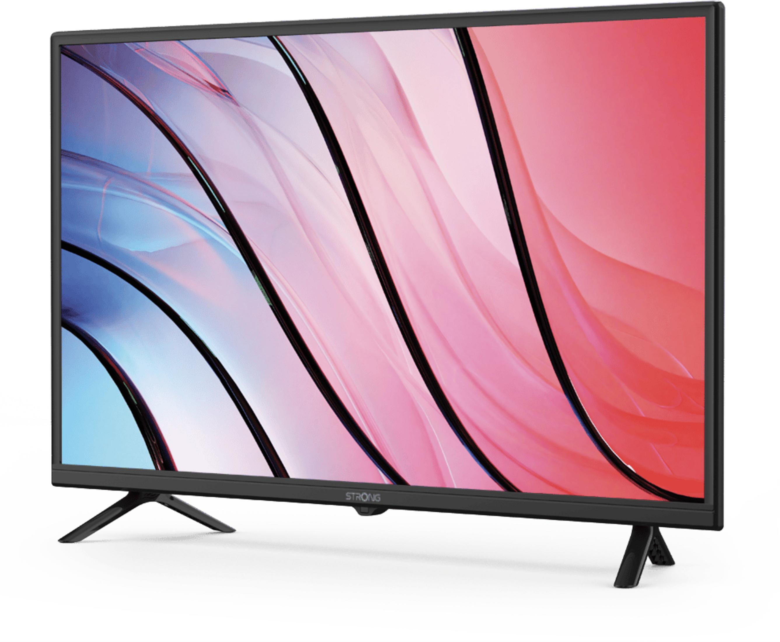 Czarny telewizor z kolorowym, abstrakcyjnym ekranem stoi na dwóch nogach.