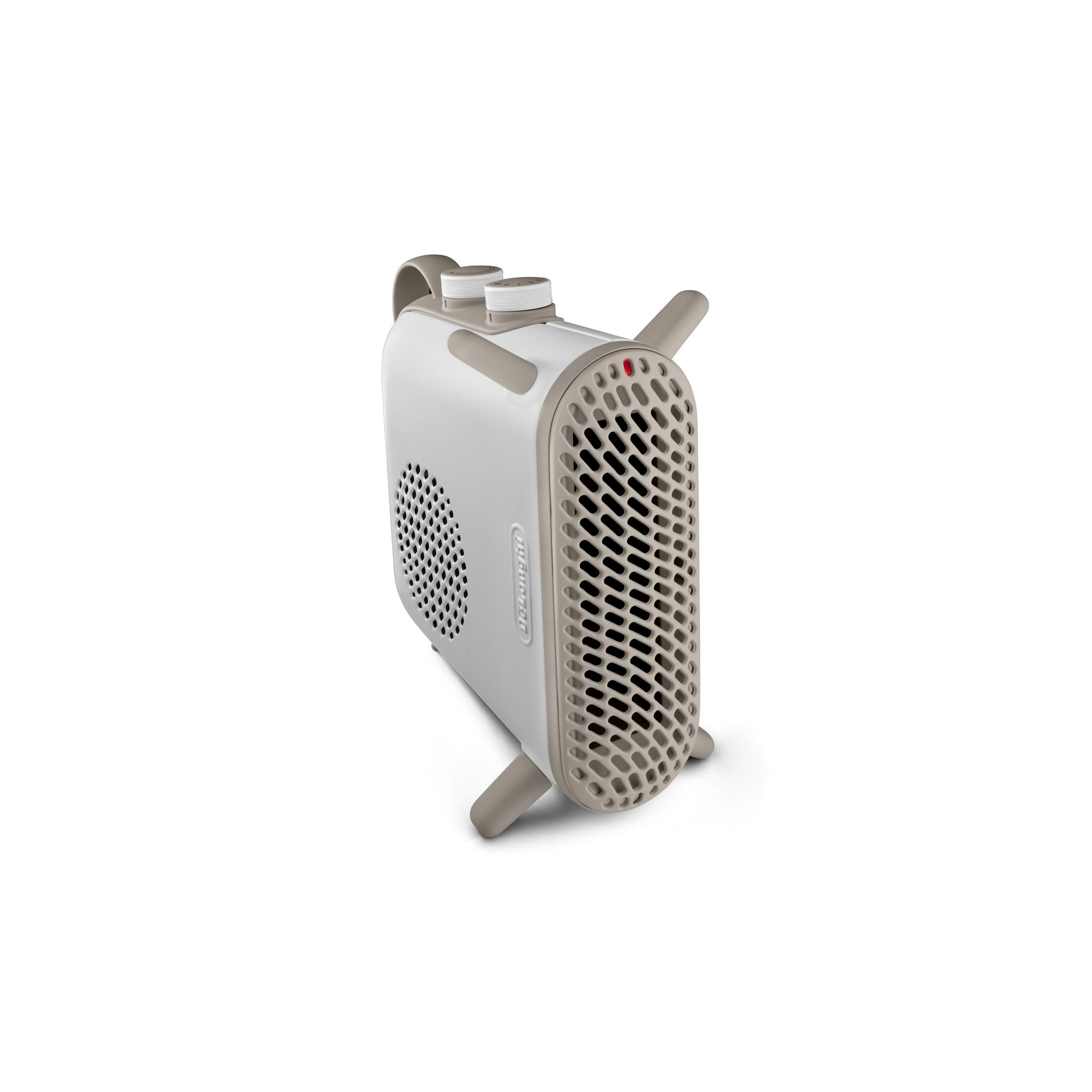 Una stufetta a ventilatore bianca con accenti grigi e griglia.