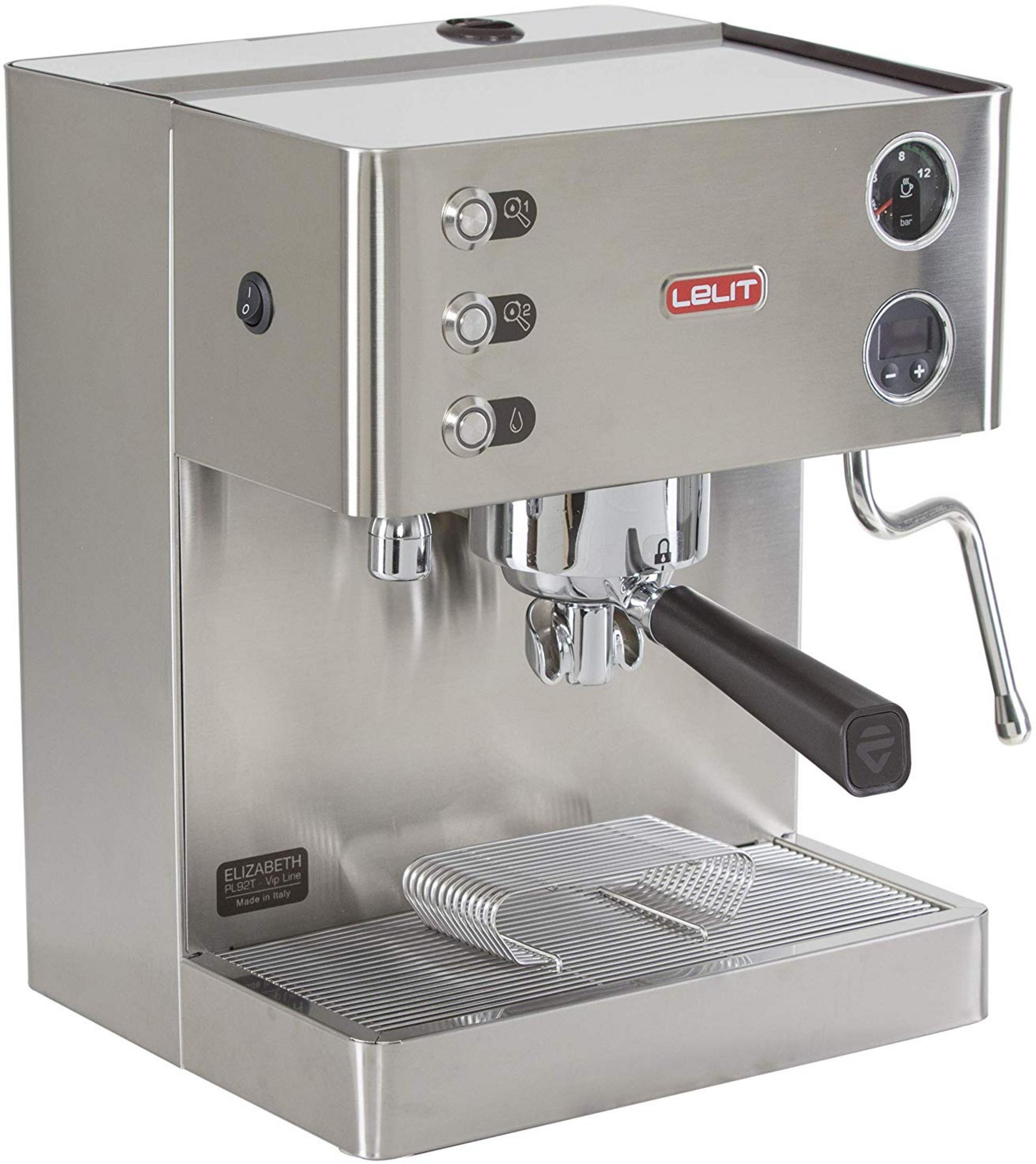 Eine silberne Espressomaschine mit Griff, Knöpfen und Manometern.