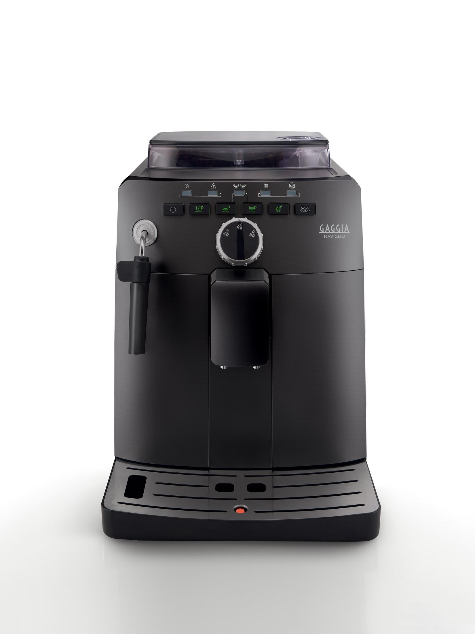 Czarny ekspres do kawy Gaggia Naviglio z zasobnikiem na wodę i panelem sterowania.