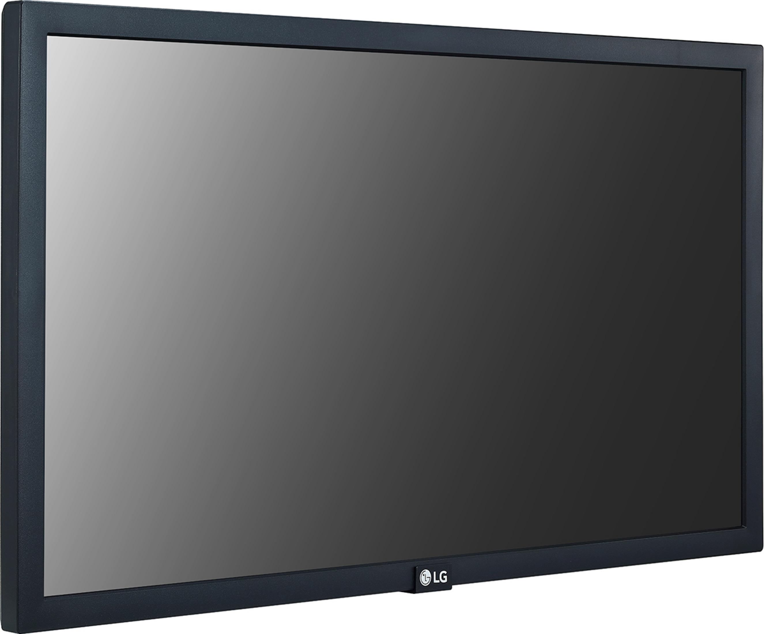 Un monitor LG nero con cornice scura. Lo schermo è scuro e riflettente.