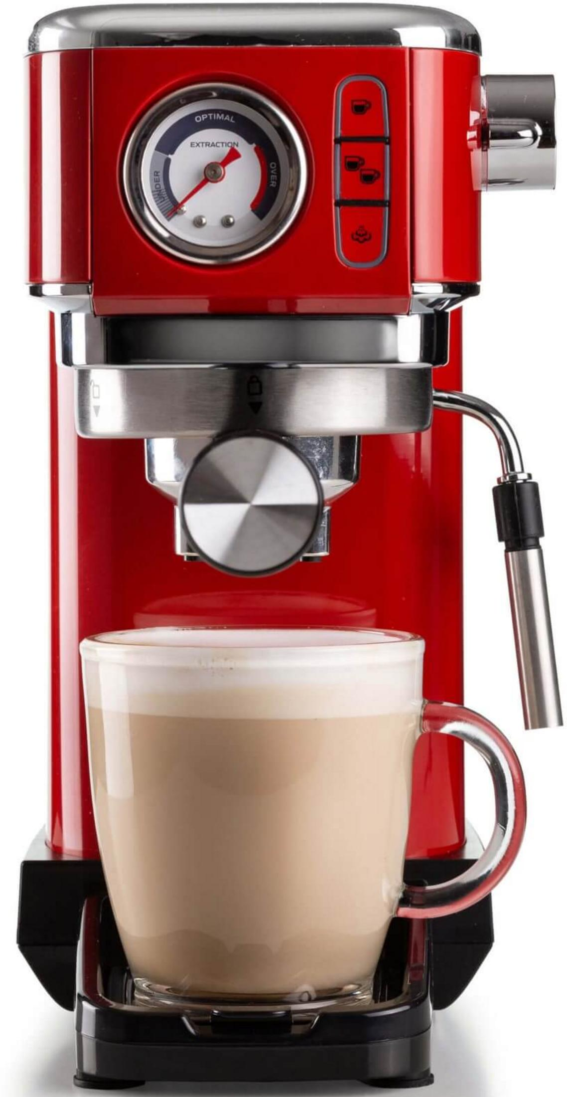 Czerwony ekspres do kawy ze szklanką cappuccino i wskaźnikiem.