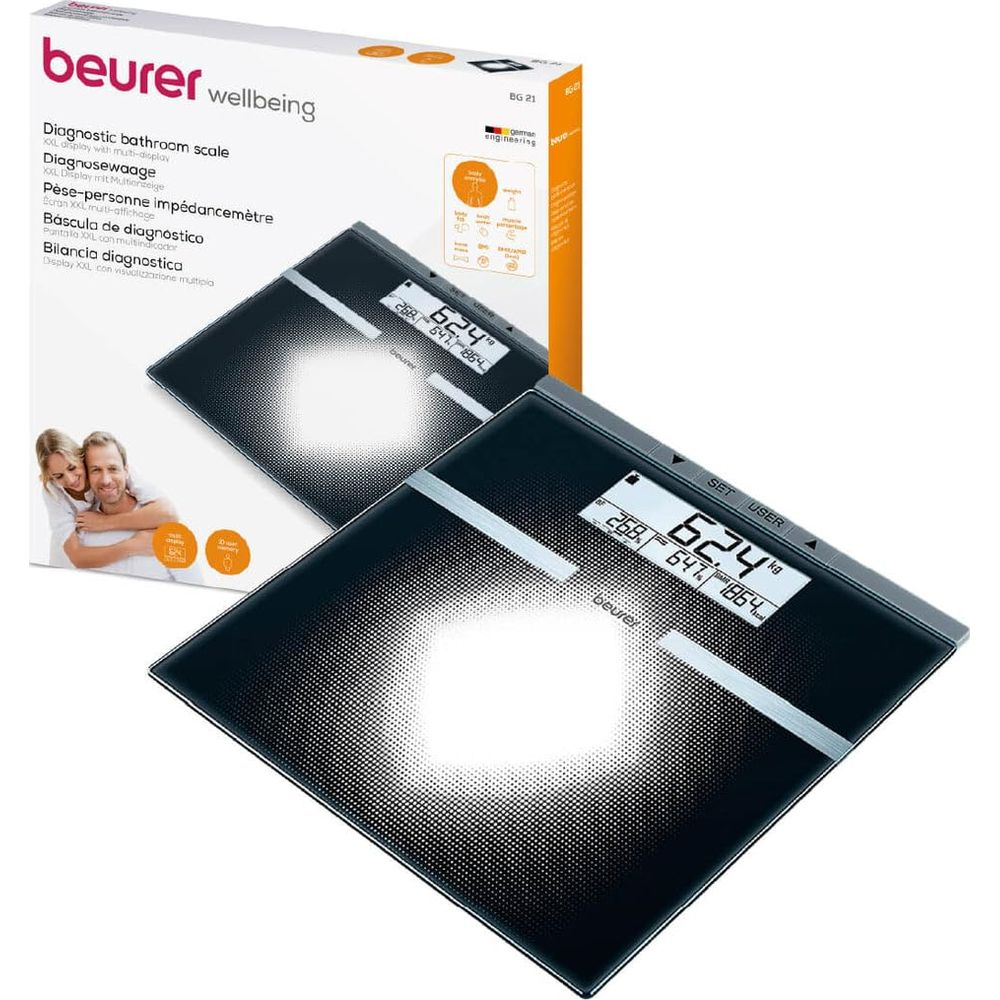 Balance de salle de bain Beurer noire avec grand écran affichant poids et données corporelles.