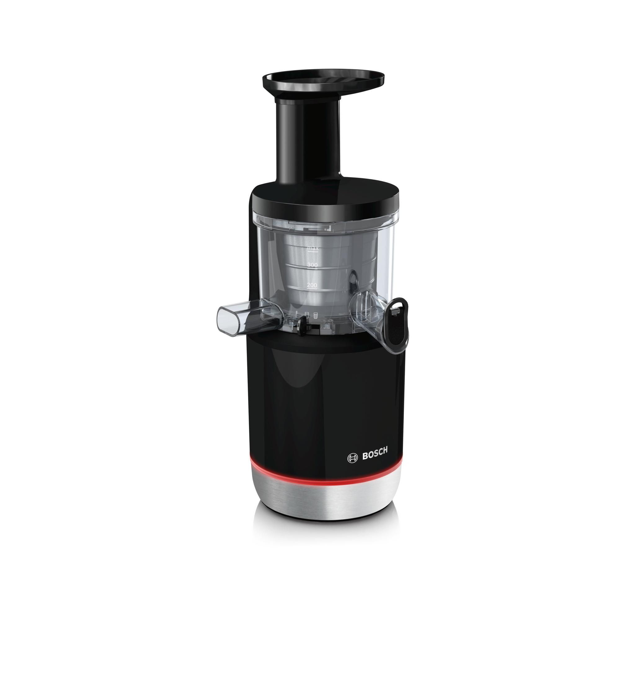 Exprimidor negro con base plateada y banda de luz roja. Logo Bosch.