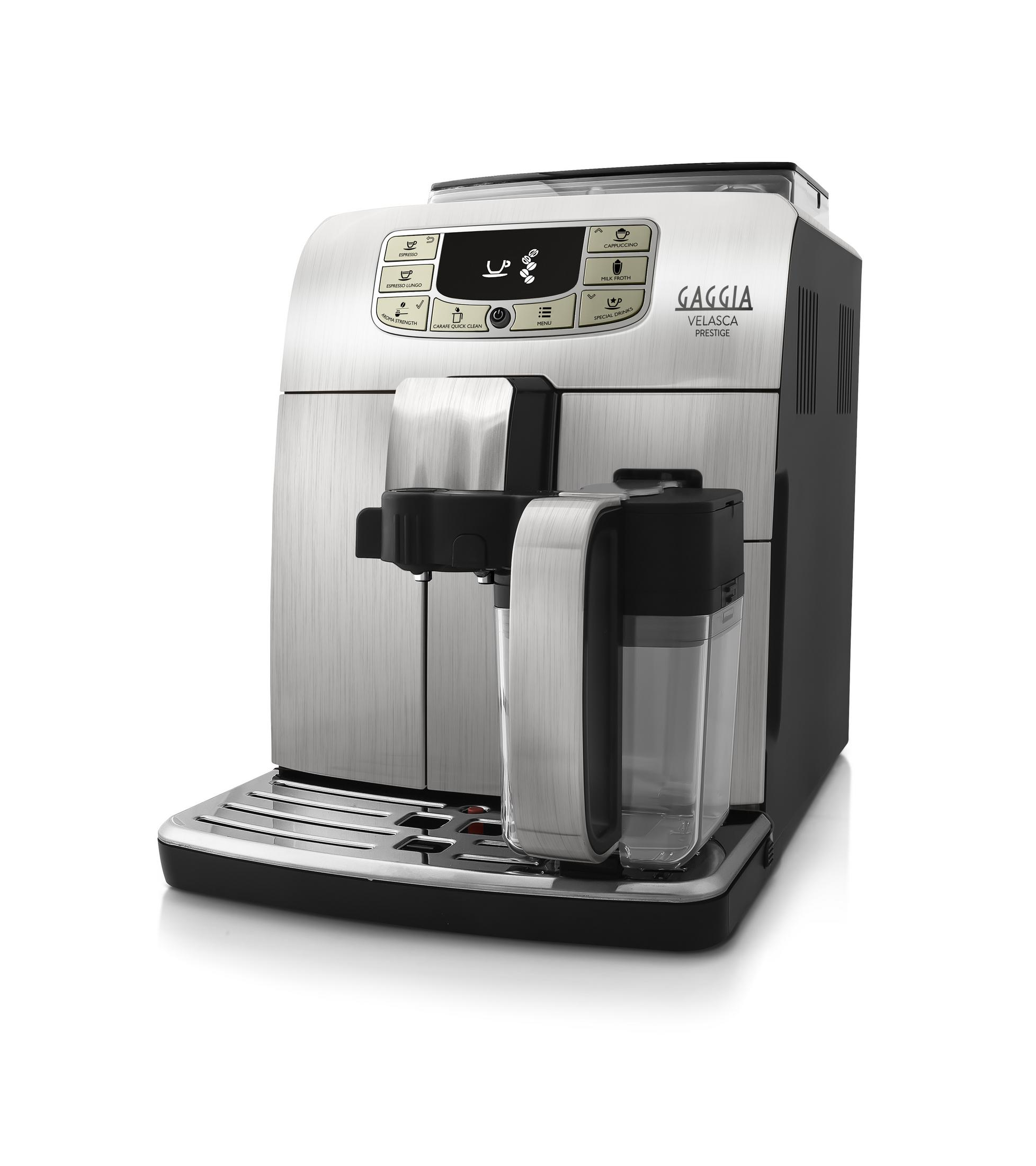 Een zilveren Gaggia Velasca espressomachine met bedieningspaneel en watertank.