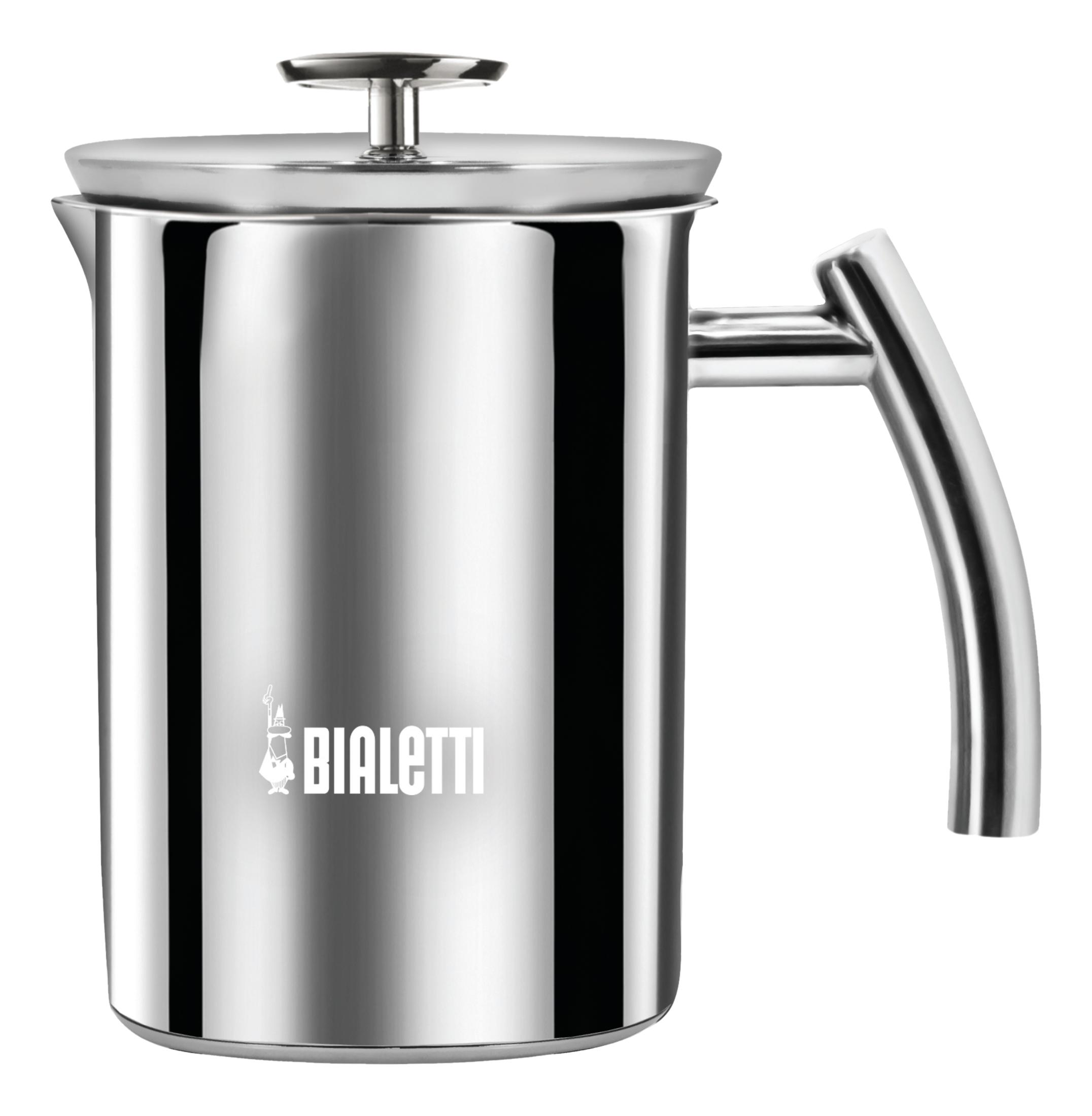 Elegancka, stalowa prasa francuska do kawy z srebrną rączką i pokrywką.