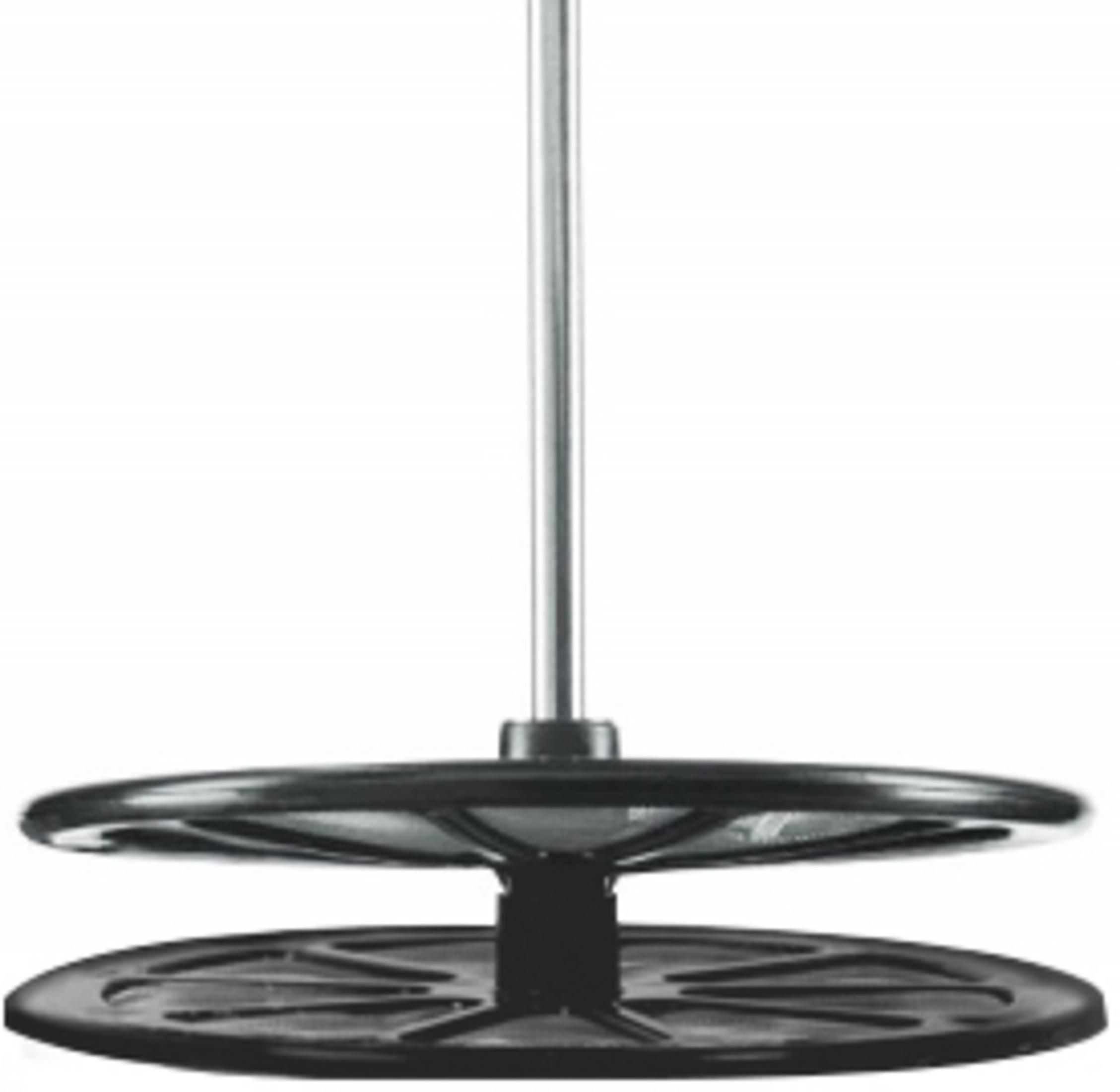 Srebrny pręt z dwoma czarnymi dyskami, jeden z drobną siateczką.